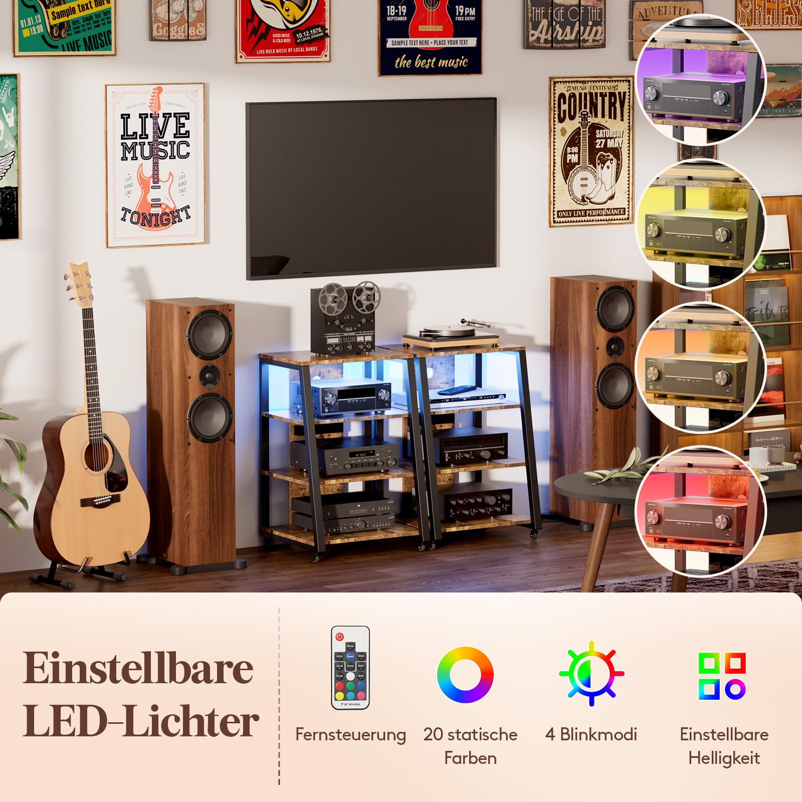 Lifewit 4-stufiger HiFi Regale mit Rädern und verstellbaren Ablage, Plattenspieler Tisch mit Steckdosenleisten und LED-Leuchten, AV-Medienständer Für Wohnzimmer/Heimkinoer, 60 x 55 x 90 cm, Schwarz