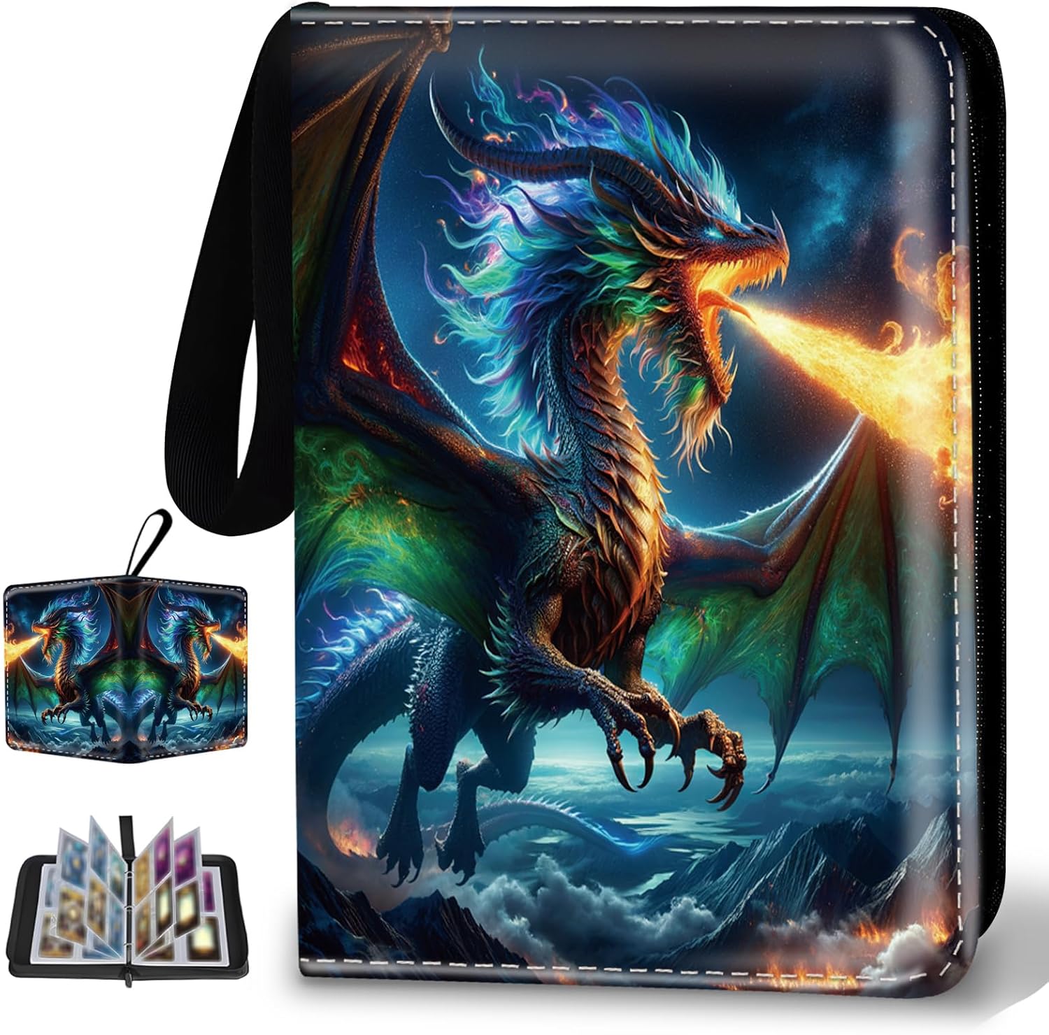 Trading Card Binder, 4 Pockets 400 Card Holder Collector Album with 50 Removable Sleeves, Portable Trading Collection Album for photocard kpop mtg/TCG Game Football Sports Cards, Fun Fire Dragon
