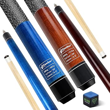 Pool Cues Set of 2, 58" 2-Piece Pool Sticks for Adults, Maple Wood Billiard Cue Sticks for House Bar, 13mm Tip, Imitation Linen Wrap, 2 Different Colors and Weights