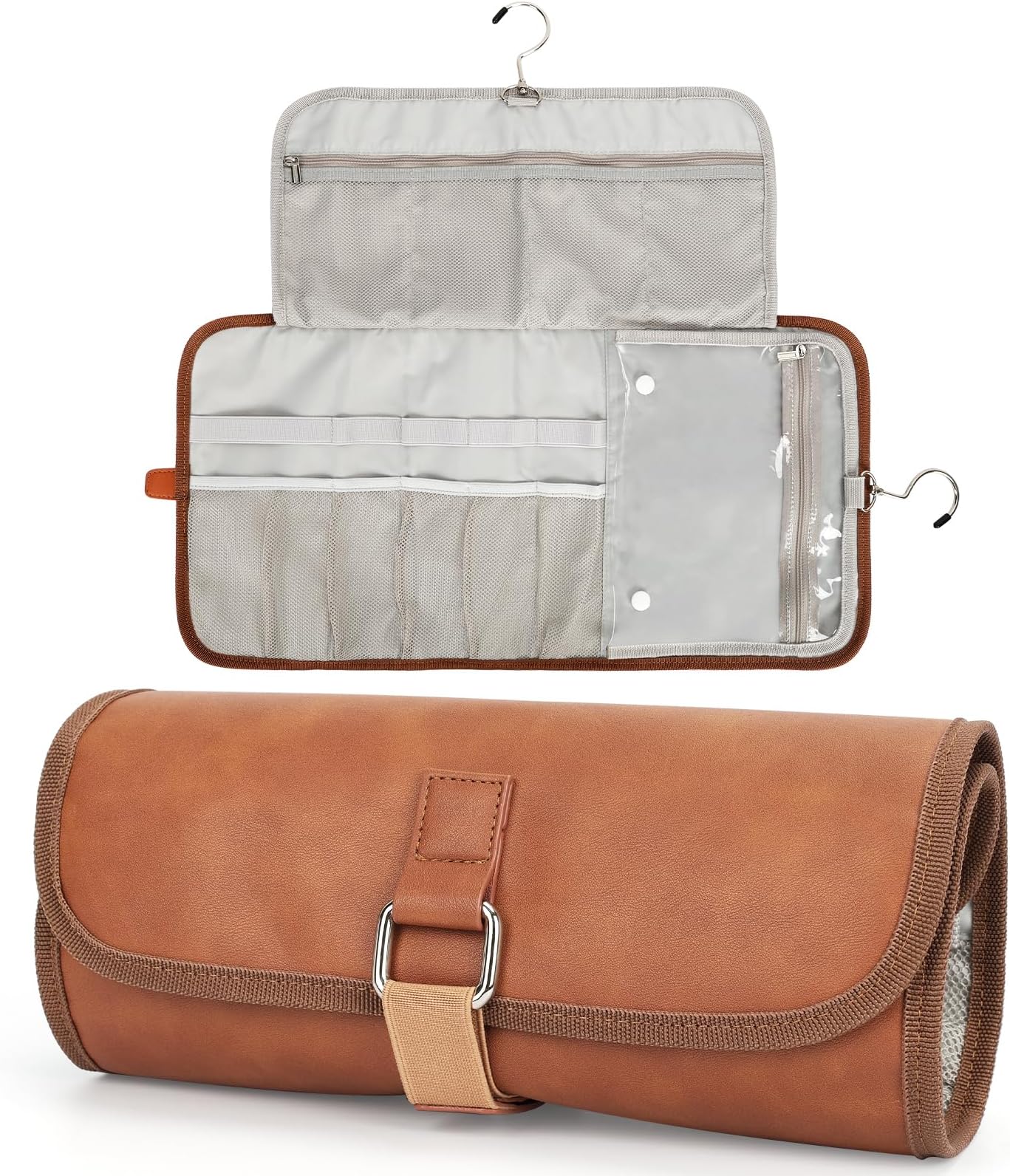 DuringCo Toiletry Bag for Men Hanging Toiletries Organizer Bag Roll Wash Bag Shaving Dopp Kit Water-Resistant PU Leather Cosmetic Bag Travel Organizer for Accessories Brown