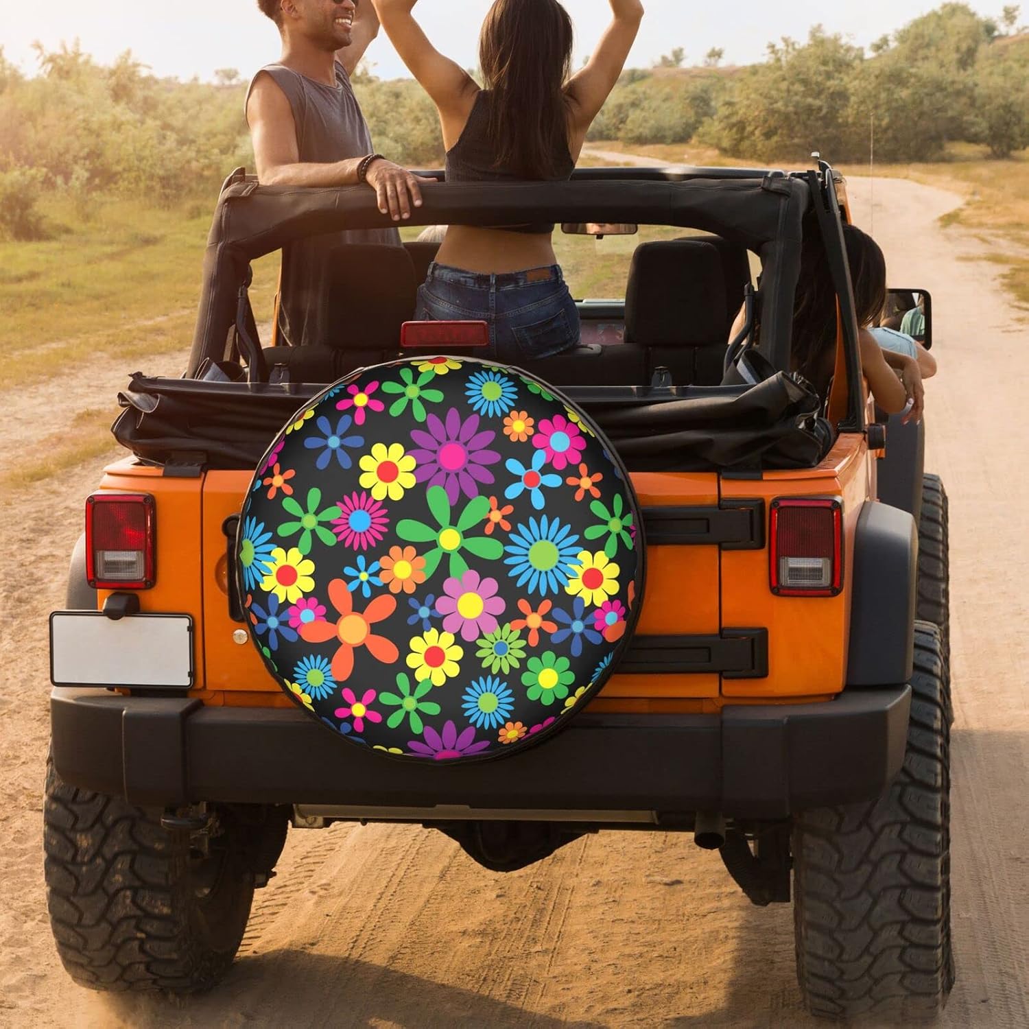 Hippie Flowers Spare Tire Cover Dust-Proof Wheel Tire Cover Fit Trailer, RV, SUV and Many Vehicle 17 Inch