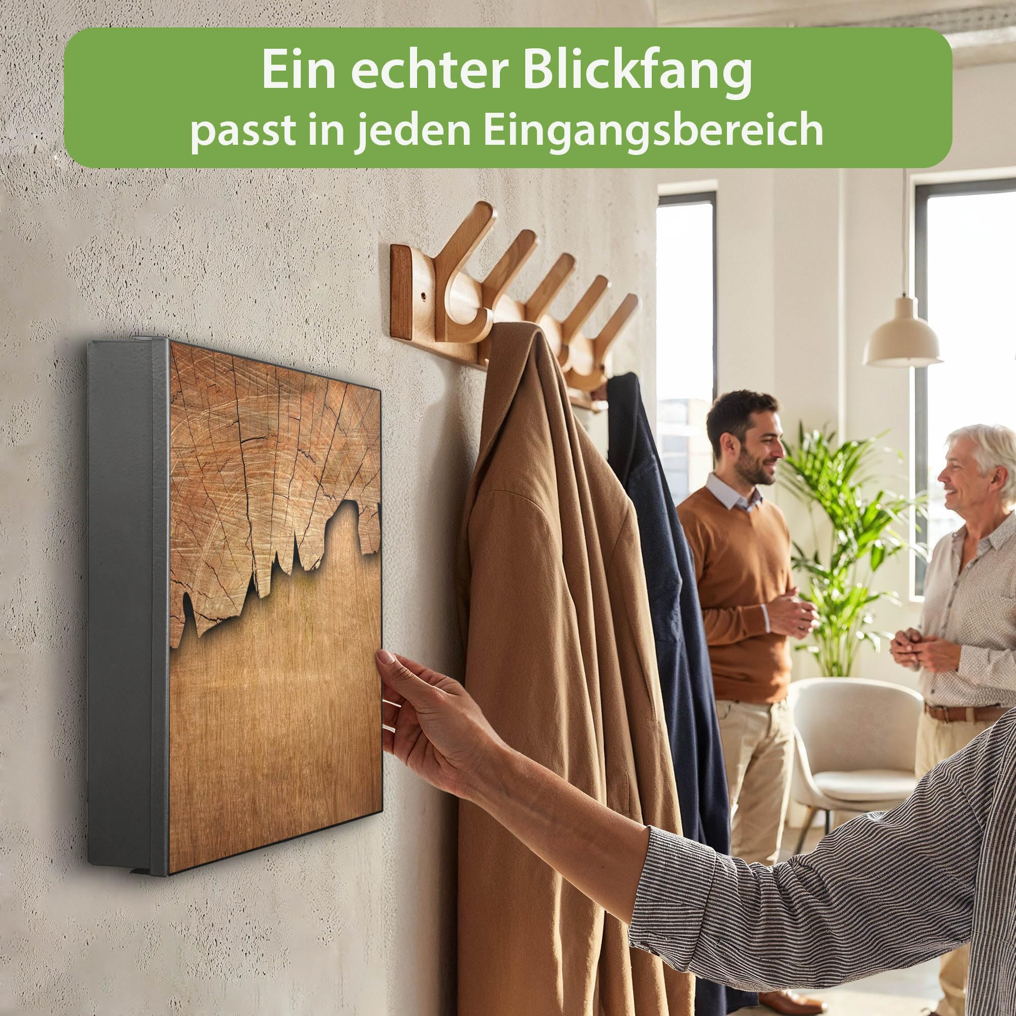 banjado Großer Schlüsselkasten Metall - Schlüsselbox 30x30cm beschreibbarer mit 32 Haken - Schlüsselkasten modern für Schlüsselaufbewahrung - Korpus Schwarz Scharnier Rechts - Motiv Holz