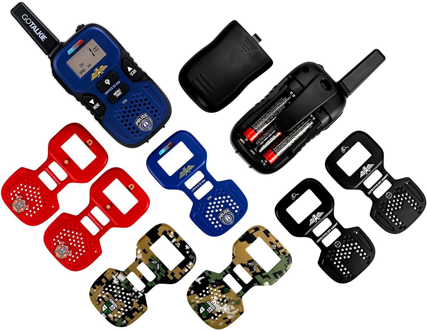 Walkie Talkies for Kids – Set of 2 Long-Range 22 Channel Portable Radios w/Built-in Flashlight, LCD Screen & 8 Interchangeable Theme Plates – Play Police, Spy, Fireman & Army Soldier