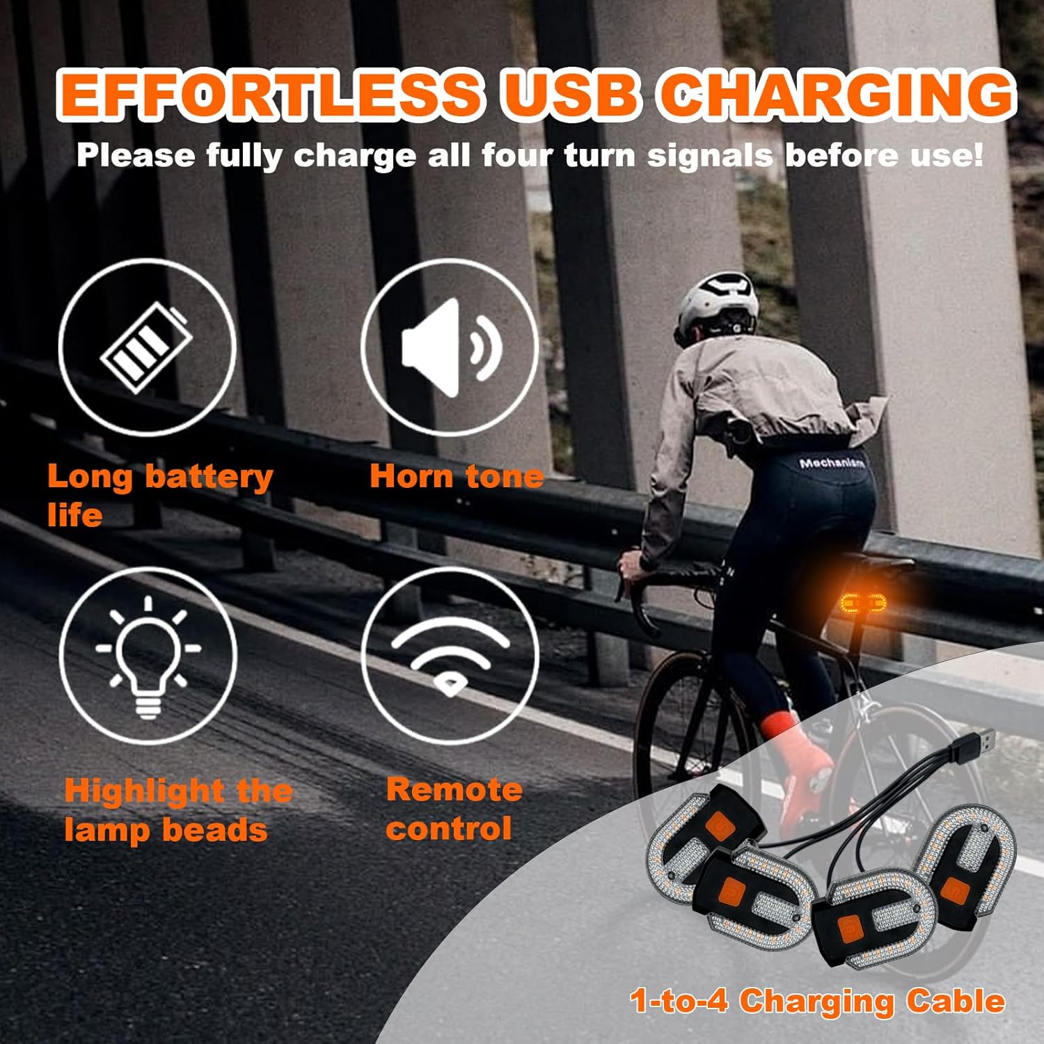 Bike Tail Light with Turn Signal, Bicycle Turn Signals Rear Bike Light Remote Control USB Rechargeable Split 5 Modes Waterproof Bike Taillights Can be Mounted on Front and Rear (4 PCS)