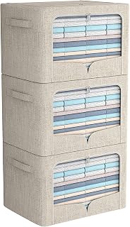 3 Pack Clothes Storage Bins - Foldable Metal Frame Storage Box - Stackable Linen Fabric Organizer Set with Carrying Handles and Clear Window (15.7x11.8x7.8inch(22L), Beige)