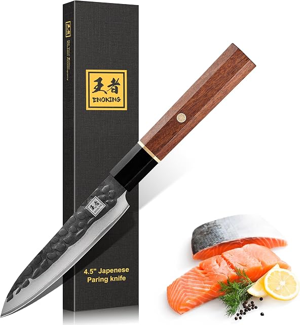 ENOKING Small Kitchen Knife 4.5inch, Hand Forged 5 Layer 9CR18MOV Clad Steel Japanese Paring Knife, Ultra Sharp Fruit and Vegetable Knife with Ebony Bolster African Rosewood Handle