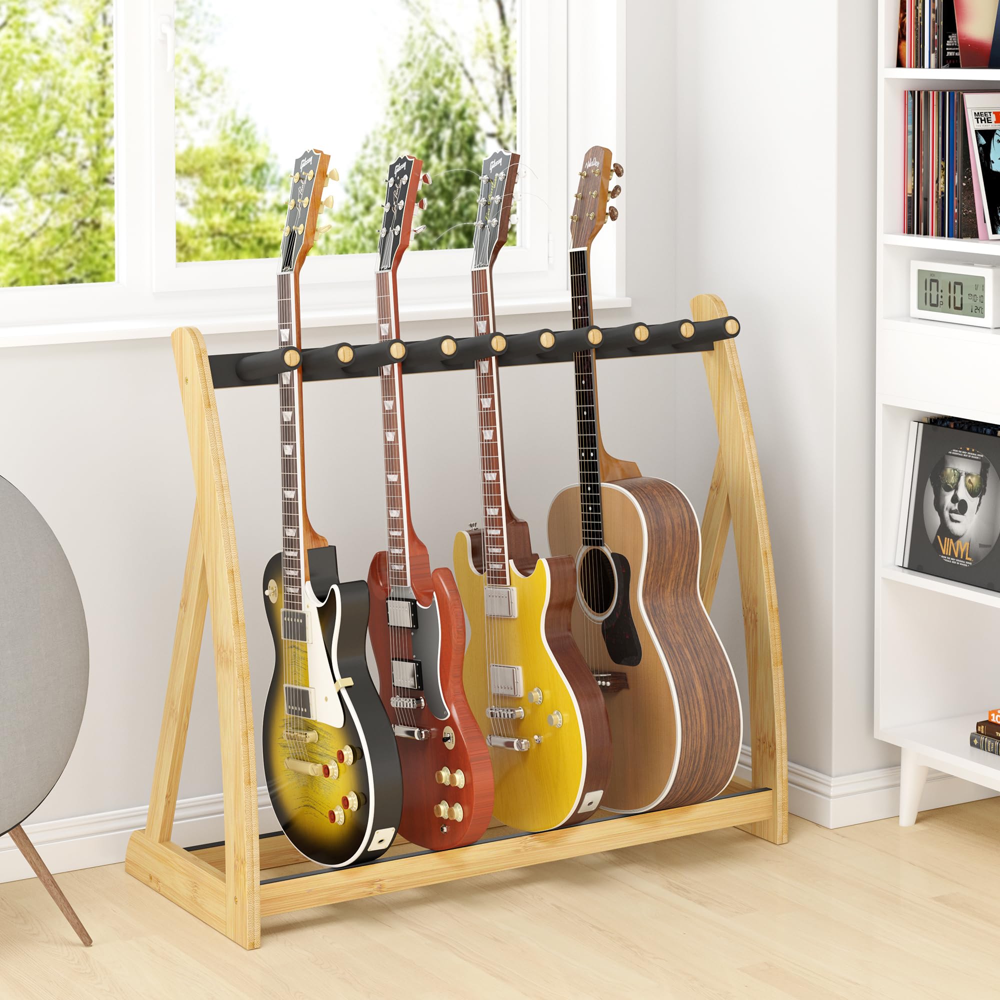 Adjustable Multi Guitar Stand Rack - Bamboo Guitar Case Stands Floor 1-9 Guitar Holder for Multiple Guitars Acoustic Electric Guitar & Bass Guitar Bag Padded Guitar Display for Band Home Stage Studio Natural