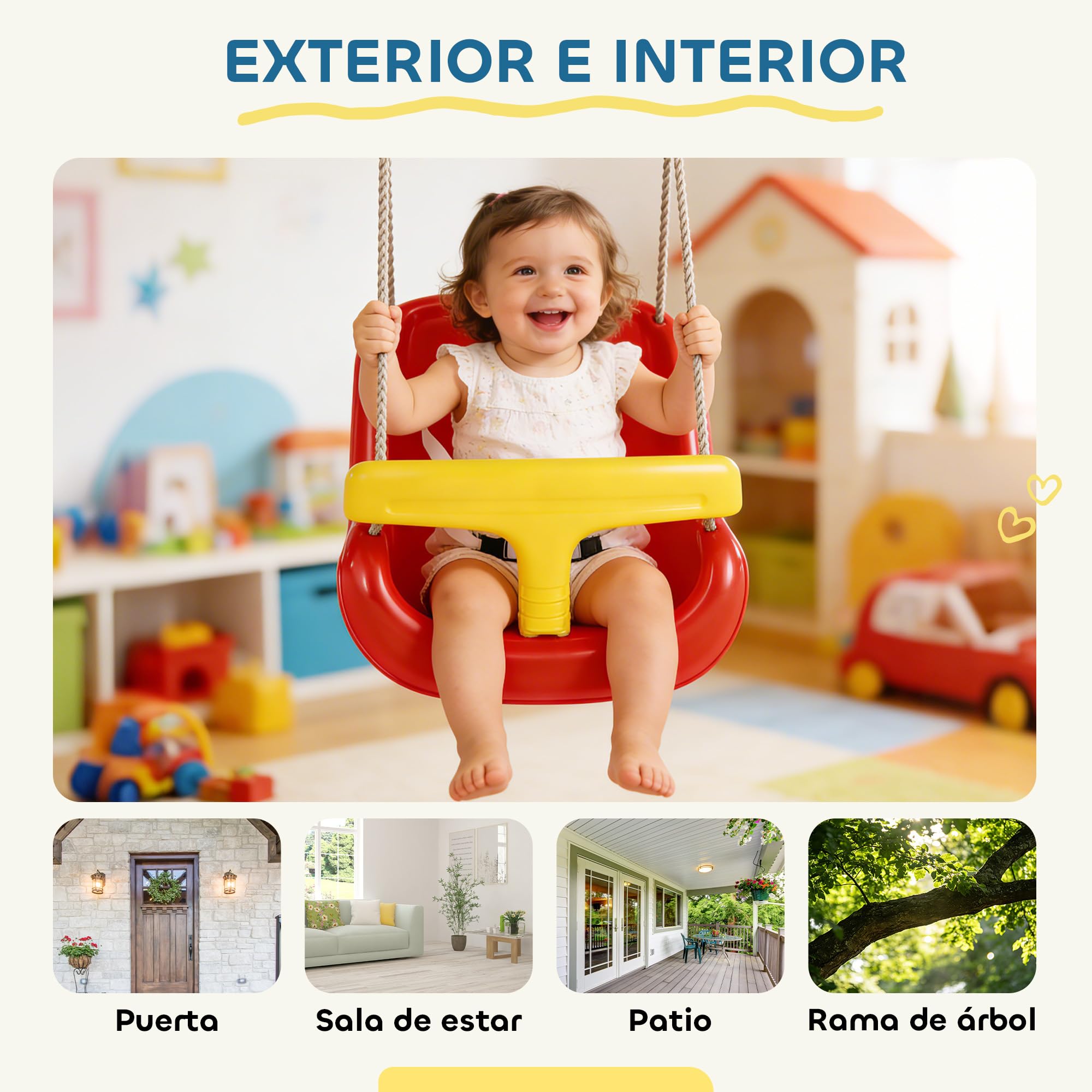 AIYAPLAY Columpio Infantil, Columpio para Niños, Cuerda Ajustable, con Respaldo Alto, Barandilla de Seguridad en T, para Interior, Exterior, Rojo