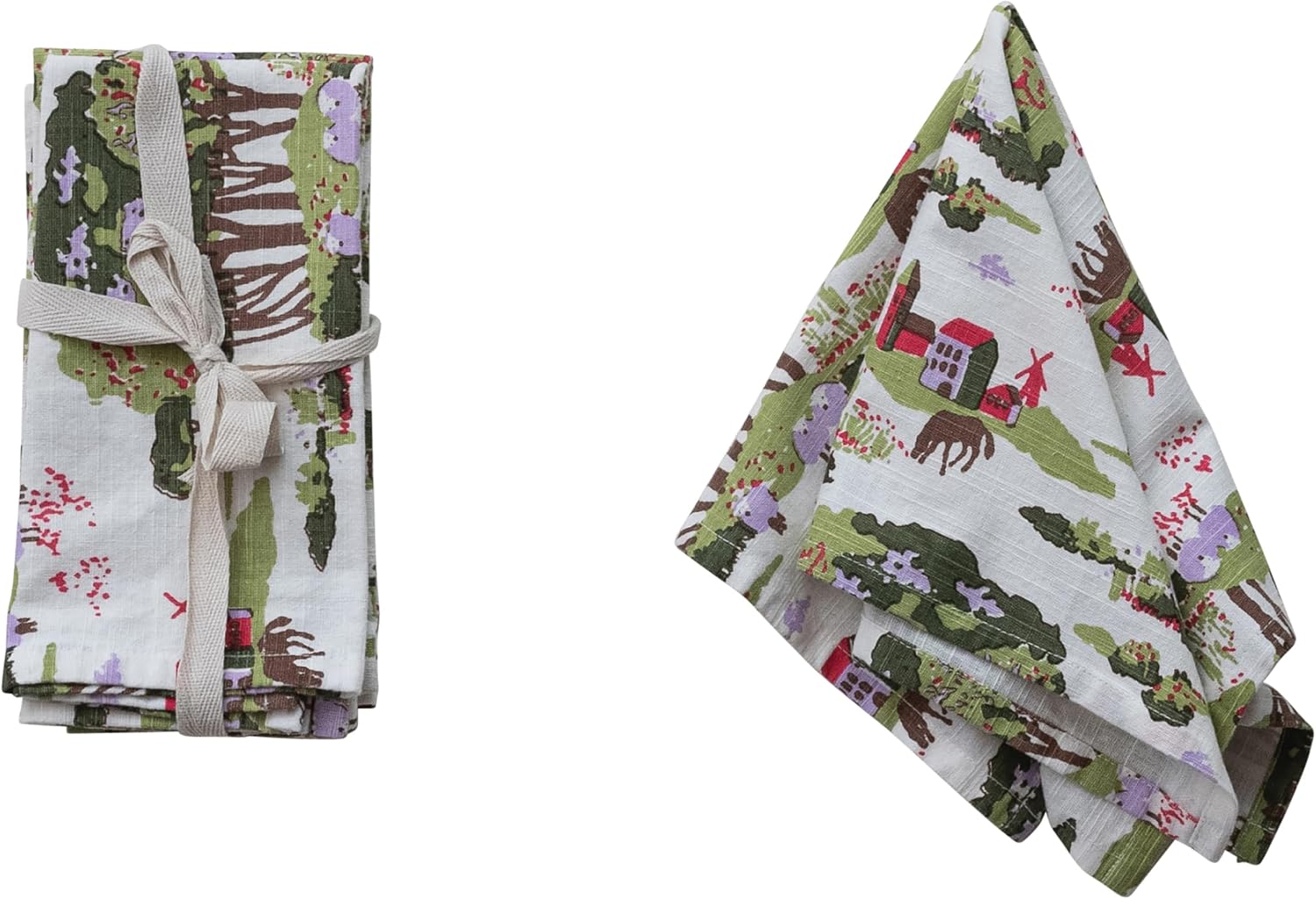 Creative Co-Op 4-Piece Cotton Printed Napkins with Farm, Trees and Animals, Multicolor