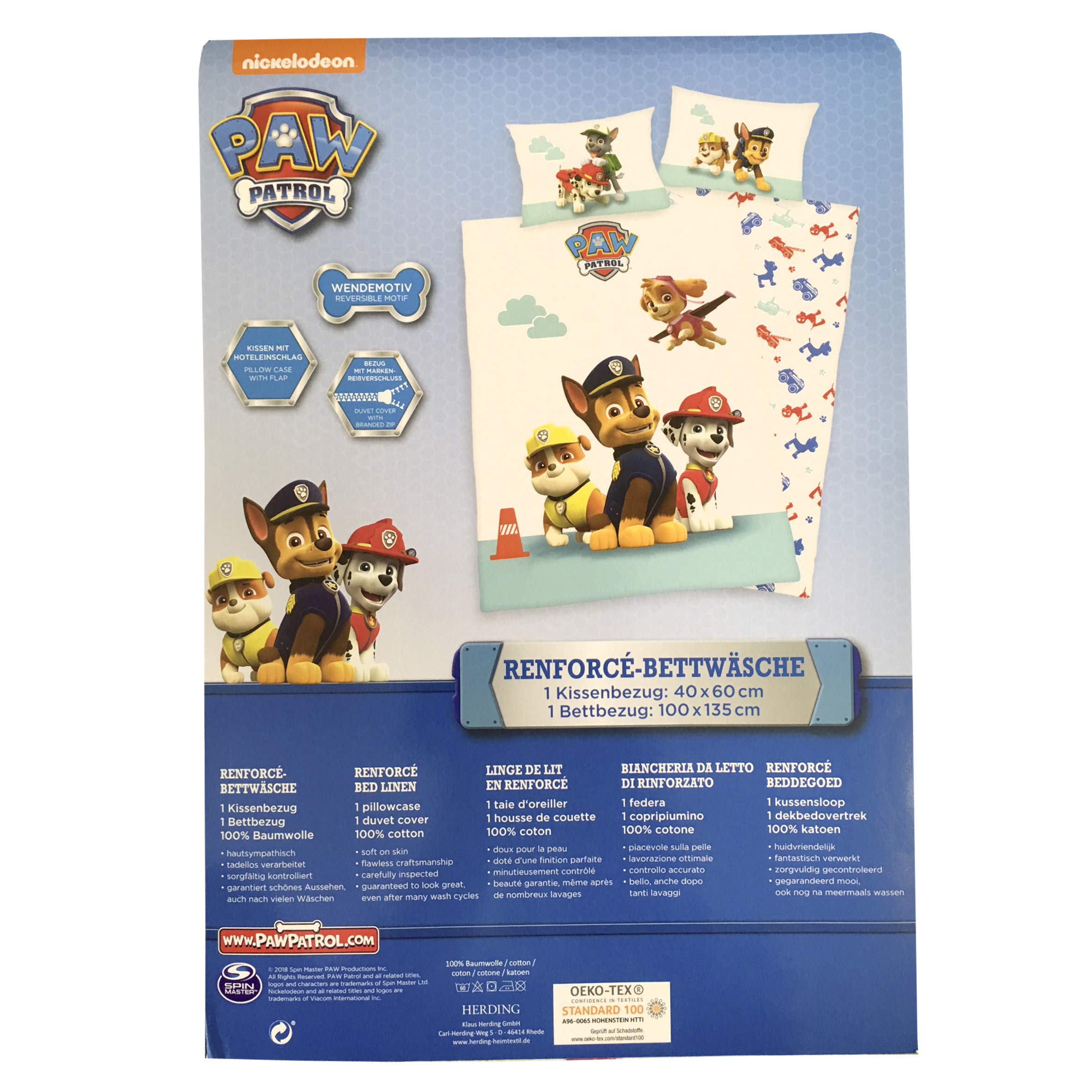 Herding Psi Patrol Komplet pościeli dla małych dzieci, dwustronny motyw, poszewka na kołdrę 100 x 135 cm, poszewka na poduszkę 40 x 60 cm, bawełna renforcé, bawełna