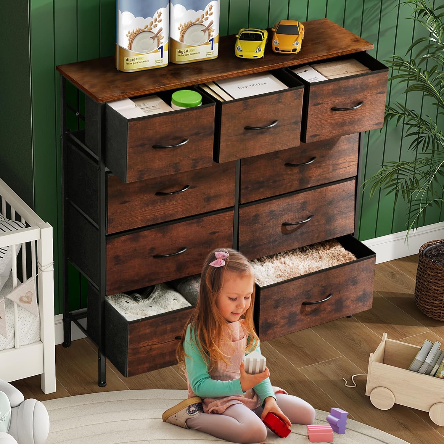 Dresser for Bedroom, 9 Storage Drawers, Anti-Tip Tall Fabric Closet Chests Organizer Tower Furniture with Wooden Top Metal Frame for Clothes, Living Room, Hallway, Entryway