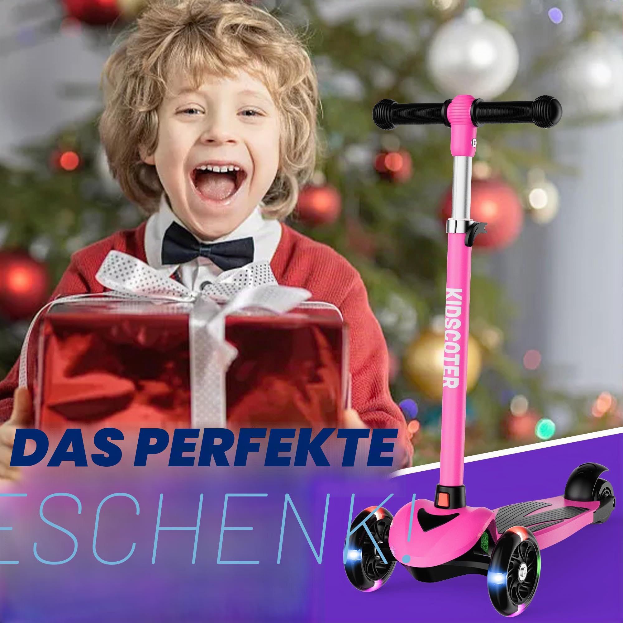 2-in-1 Kinder-Scooter für Kinder von 3-12 Jahren, 3 Räder Lean to Steer Scooter mit LED-Leuchträdern, Verstellbarer Lenker, faltbar & abnehmbar für Jungen & Mädchen