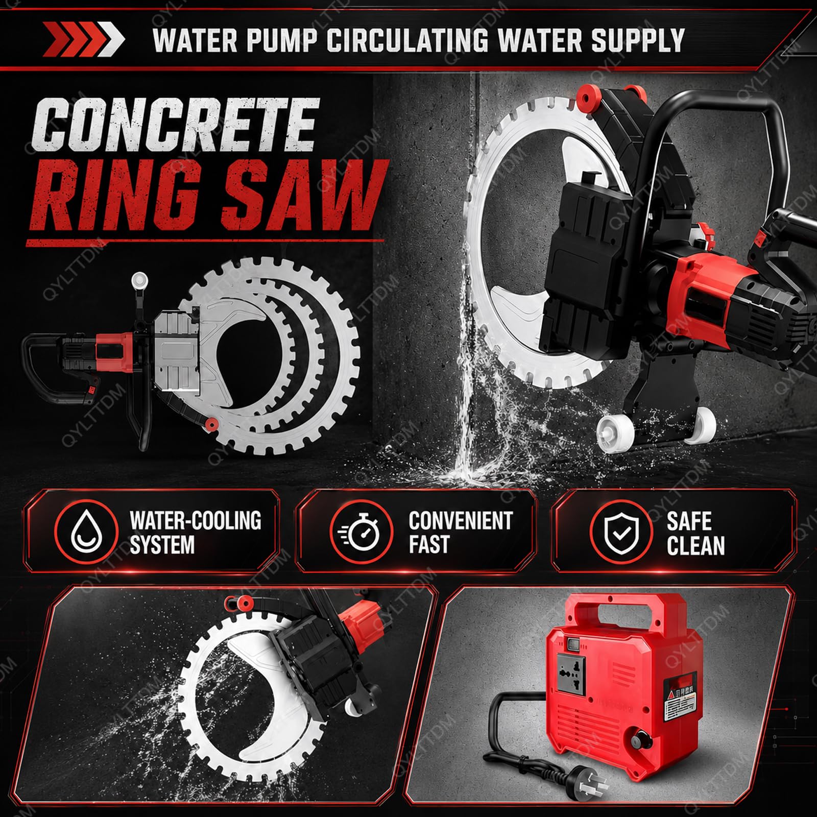 TYH Sierra De Anillo para Hormigón De 9800 W, Máquina De Corte De Paredes Sin Escobillas con Refrigeración por Agua, con Profundidad De Corte De 30/40/50 Cm, Kit De Bomba De Agua Sawblade:410
