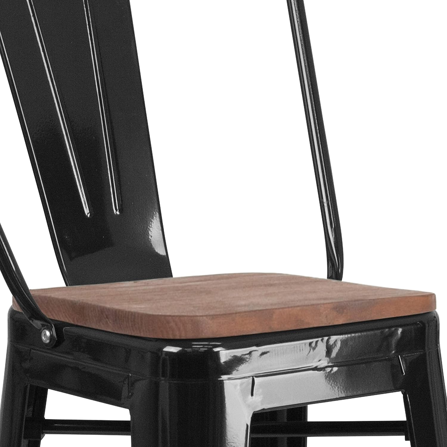 EMMA + OLIVER 30" H Black Metal Barstool with Back and Wood Seat