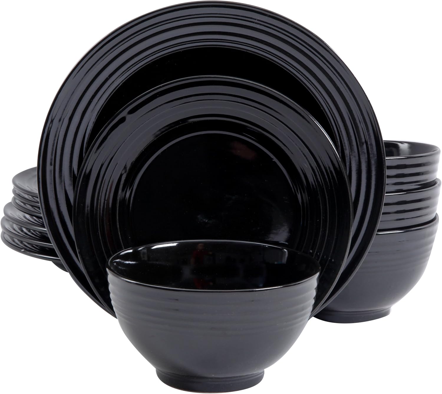  | Gibson Home 12 Piece Plaza Cafe Round Dinnerware Set with Embossed Stoneware, Black: Dinnerware Sets