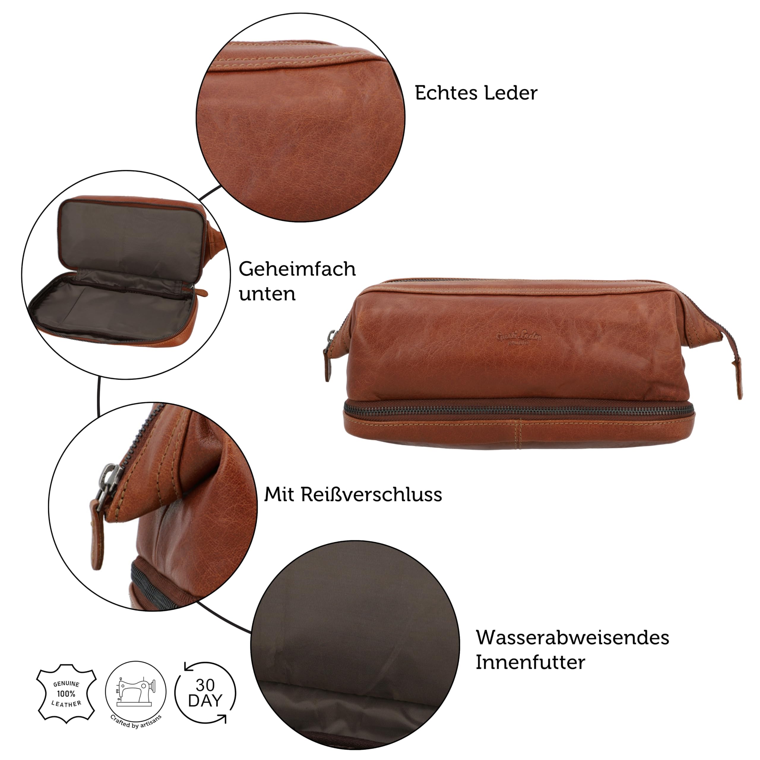 Gusti Waschtasche Leder - Quinn Kulturtasche Schminktasche Braun Leder