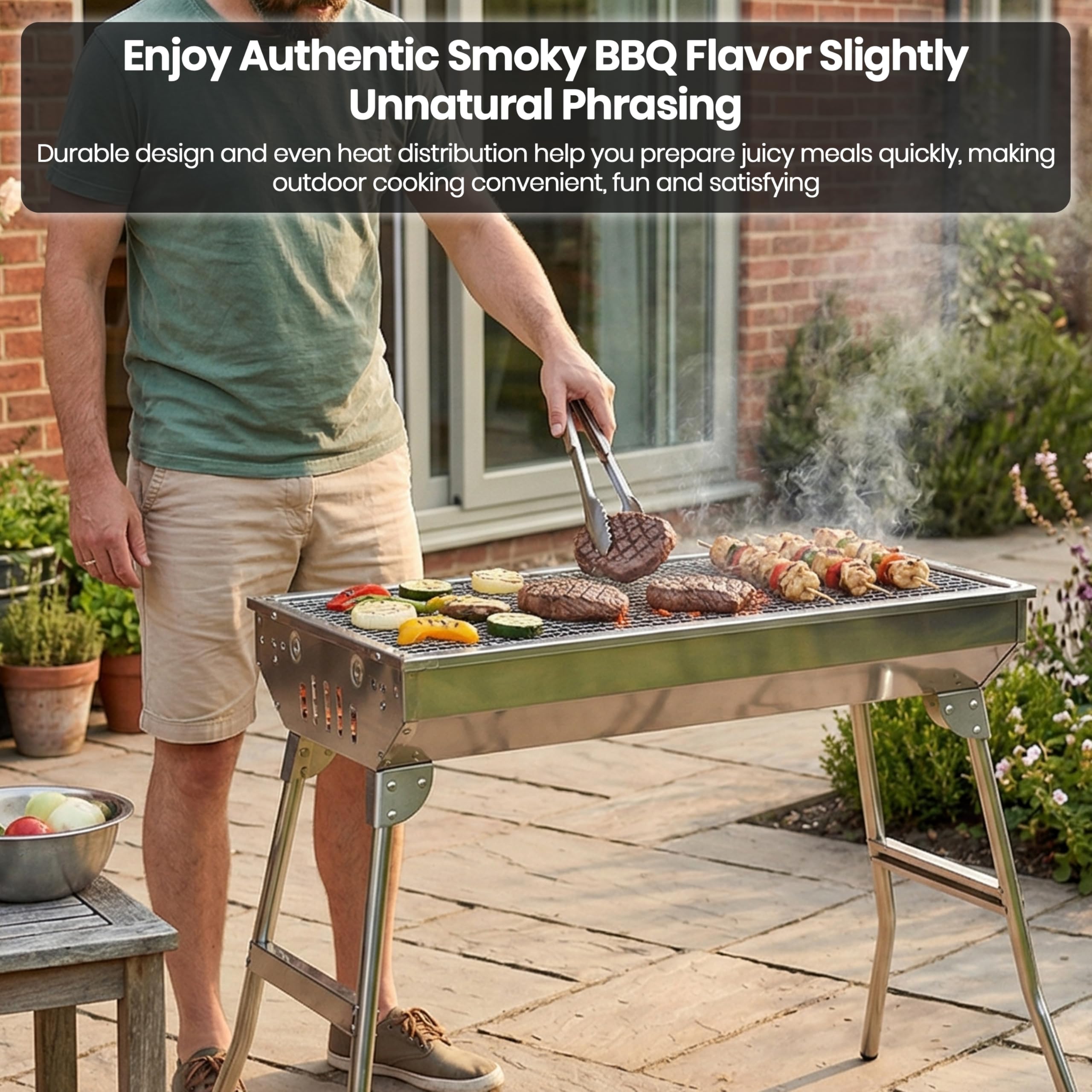 Stainless Steel Portable Charcoal BBQ Grill with Stand, Large Folding Barbecue Grill For Skewers, Burgers & Steaks, Heavy Duty Steel BBQ For Camping, Picnic, Backyard (33x70x73 cm) — view 5