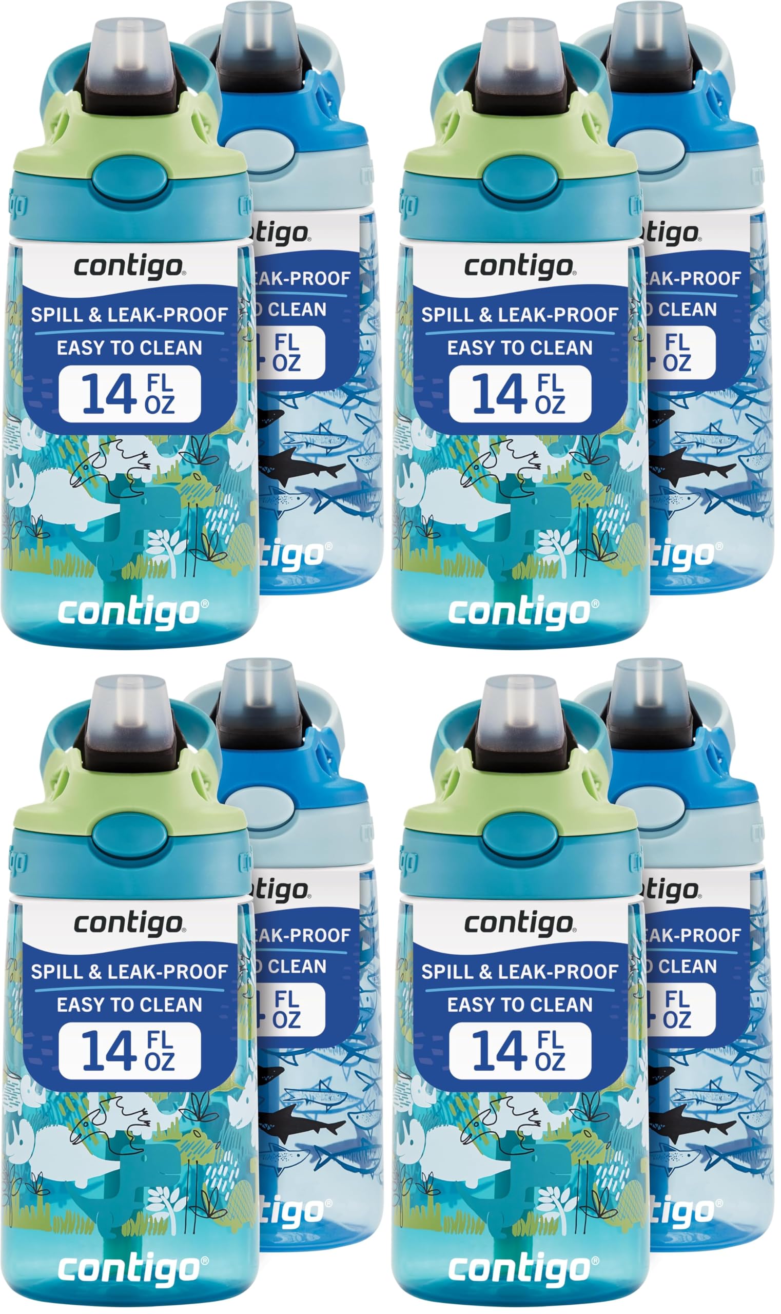 Contigo Aubrey Kids Water Bottle,14oz,Dinos &amp; Sharks,Spill-Proof Lid,Dishwasher Safe,Blue &amp; Green,(Pack of 8)