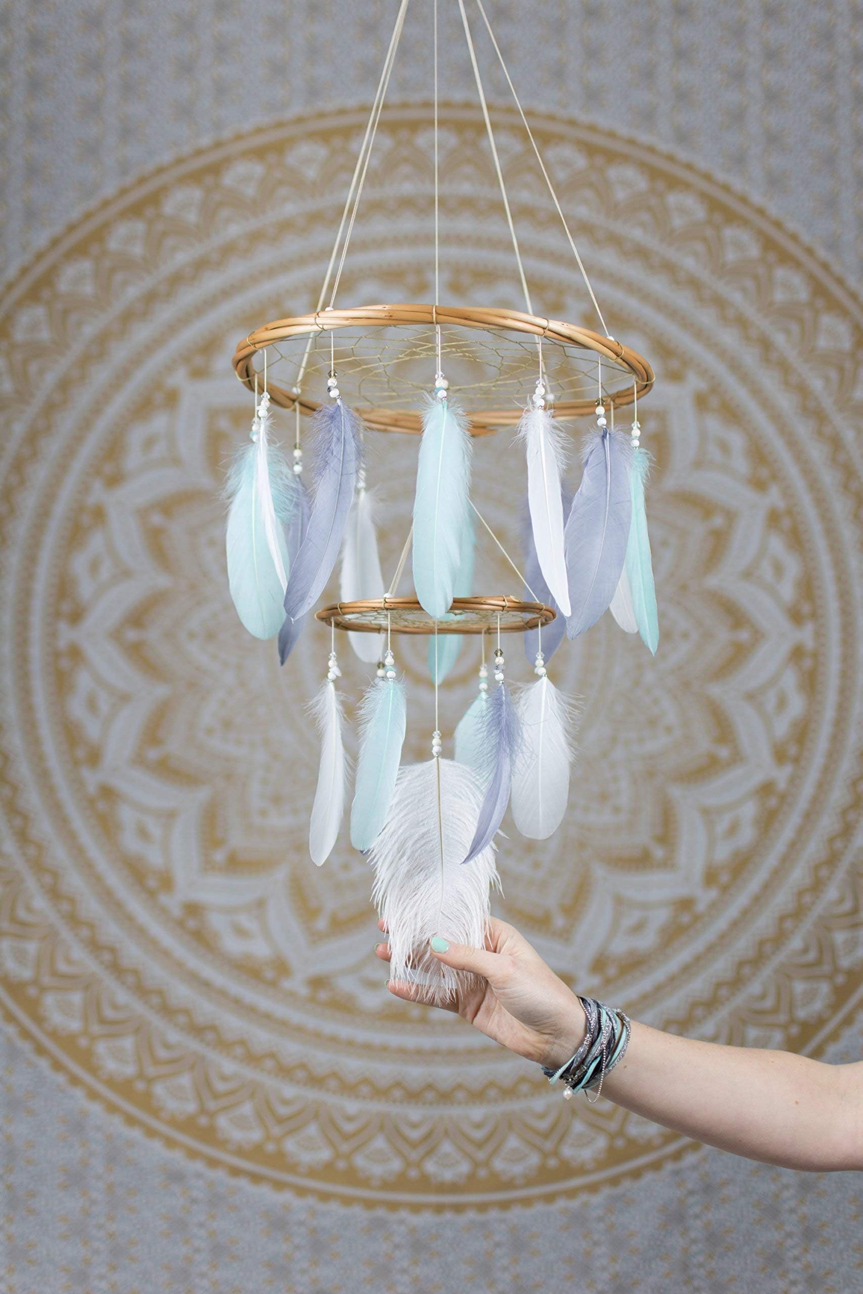 Mint, White and Grey Chandelier Dream Catcher Mobile - 12x18Inches Dreamcatcher Mobile Dreamcatcher Mobile Bohemian Dream Catcher Nursery Mobile Baby Mobile Boho Decor Wedding