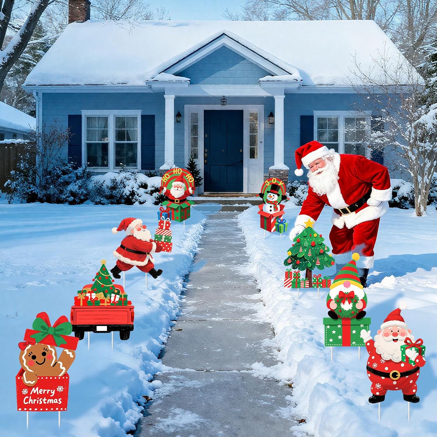 Christmas Decorations Outdoor Yard Signs - 11 PCS Christmas Santa Claus Tree Snowman Yard Signs Decor Cheerful Outdoor Garden Decorations for Home, Lawn, Pathway, Porch & Party Designs Decor