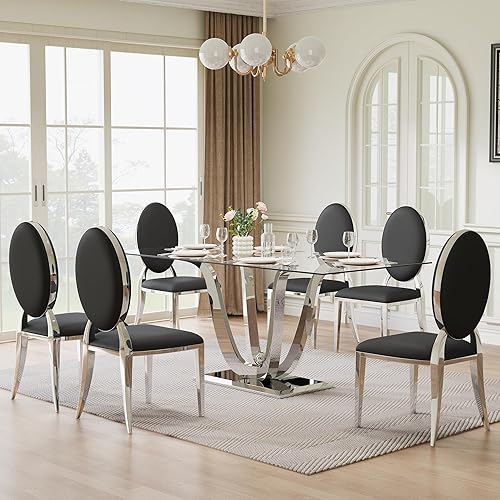 Miniatura 35 de Juego de mesa de comedor de cristal de 70 pulgadas para 6, moderna mesa de cocina de vidrio de 7 piezas y 6 sillas tapizadas de terciopelo, juego