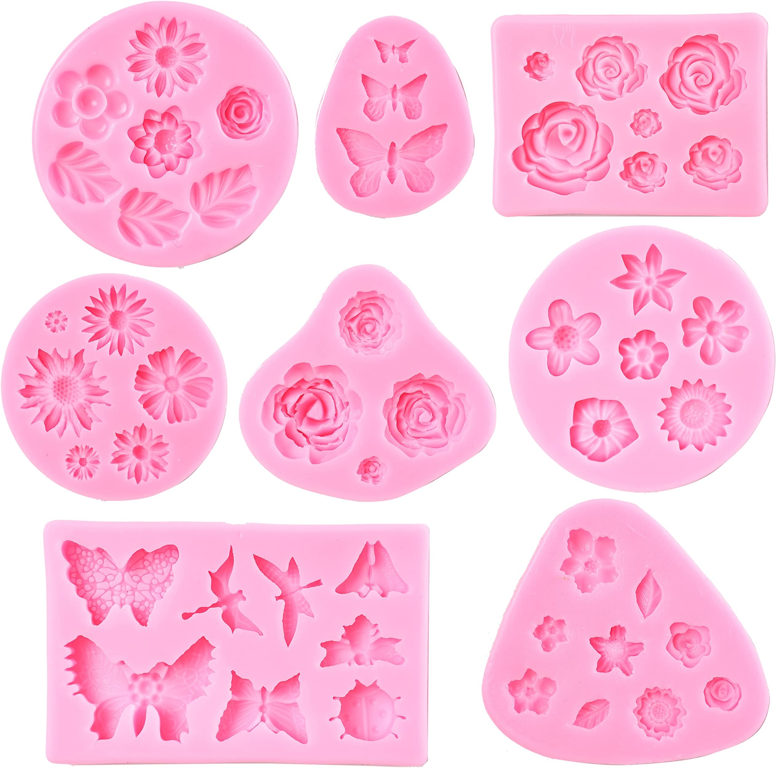 Flower Fondant Molds - 8 Pcs Flower and Butterfly Candy Silicone Molds for Chocolate Fondant Polymer Clay Soap Crafting Projects & Cake Decoration