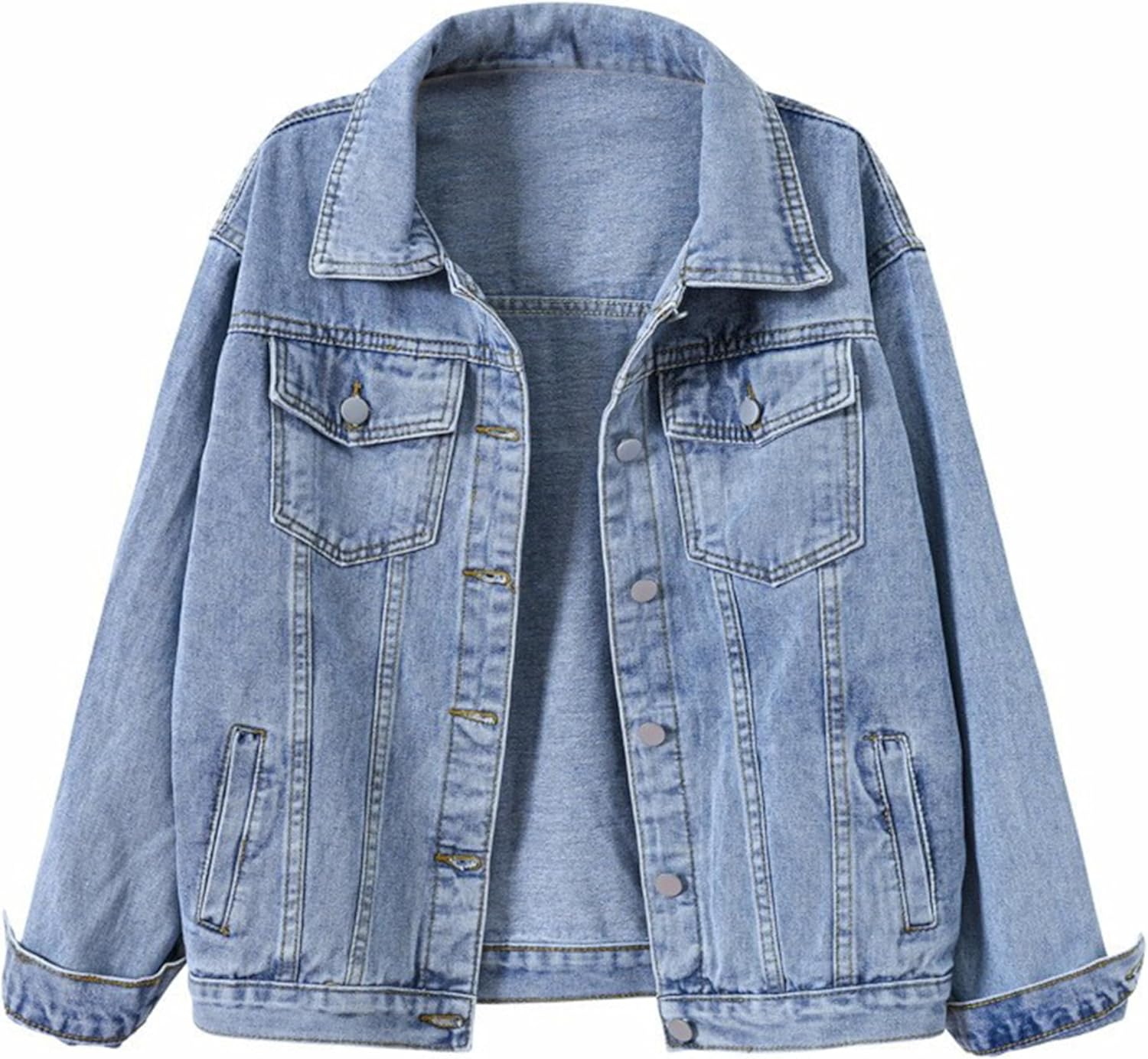 Basic Denim Jacket, Light Blue Wash, Button Front, Classic Collar, Chest Pockets, Long Sleeve