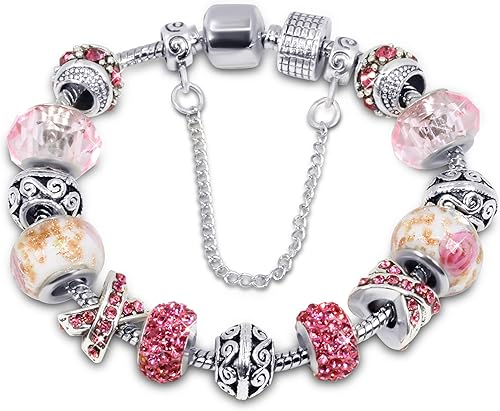 Savlano Silver Tone Charm Bracelet with Crystal and Murano Glass Beads Snake Chain for Women Comes in a Gift Box