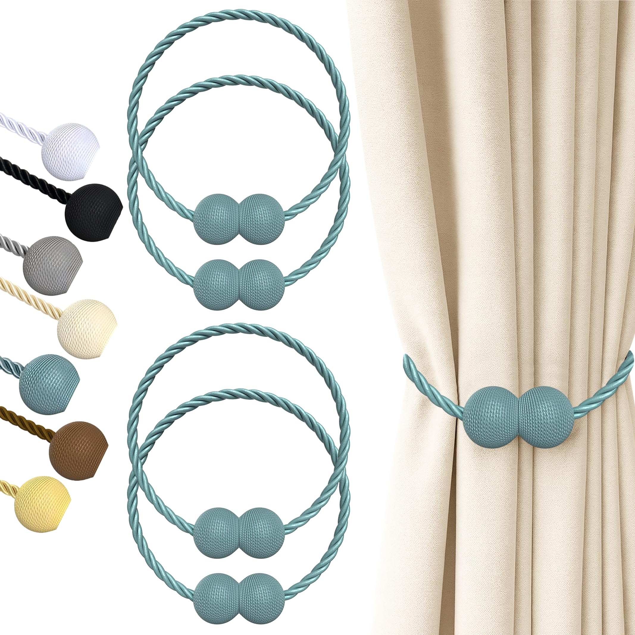 Hion Magnetic Curtain Tiebacks Gray Blue 4 Pack, Curtain Tiebacks Buckles Holdbacks Holders Hooks Clip for Home Bedroom Office Decorative Thick or Thin Curtain