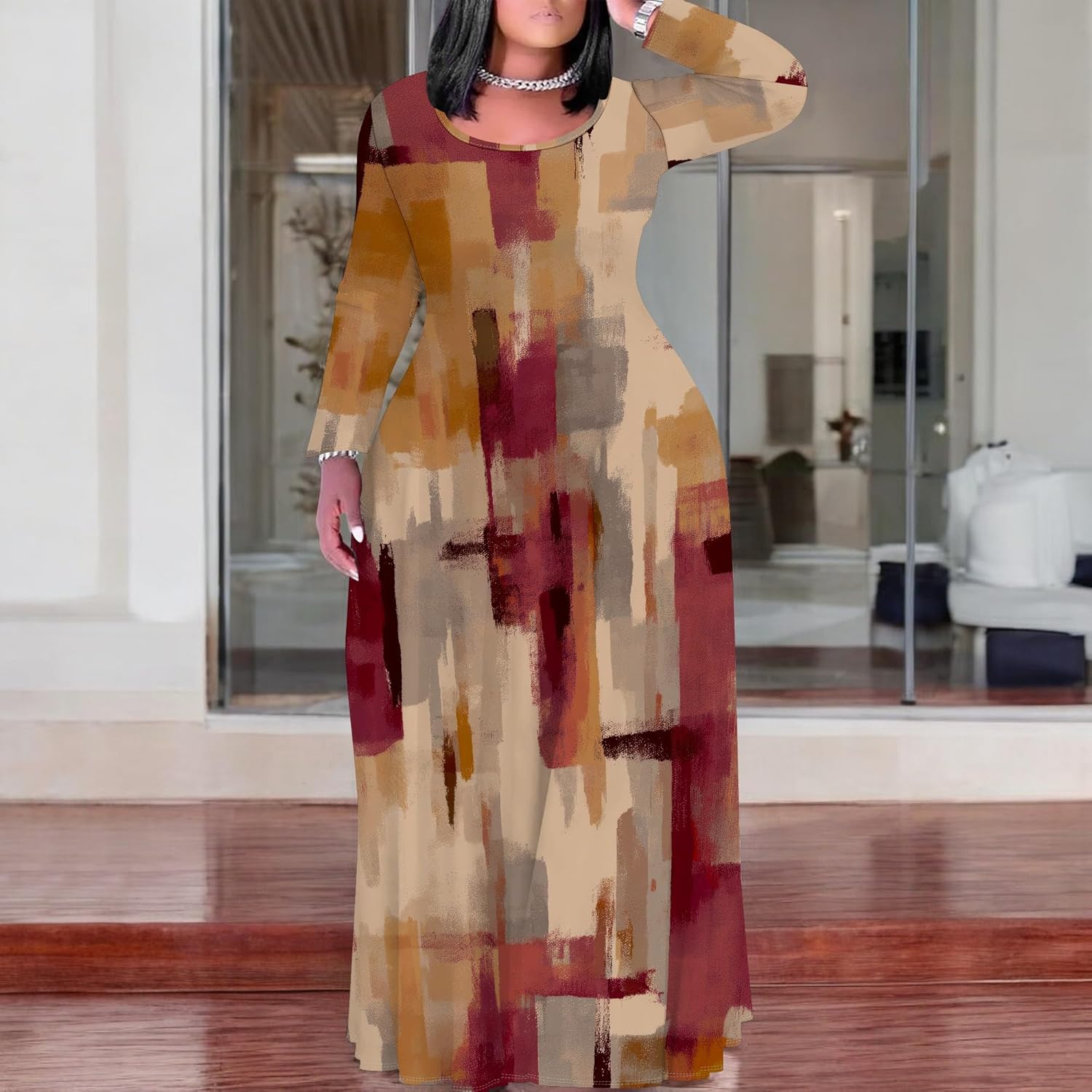 PinkPatty Plus Size Maxi Dress for Curvy Women Crew Neck Long Sleeves Casual Dress Vacation Sundresses with Pockets - Image 3