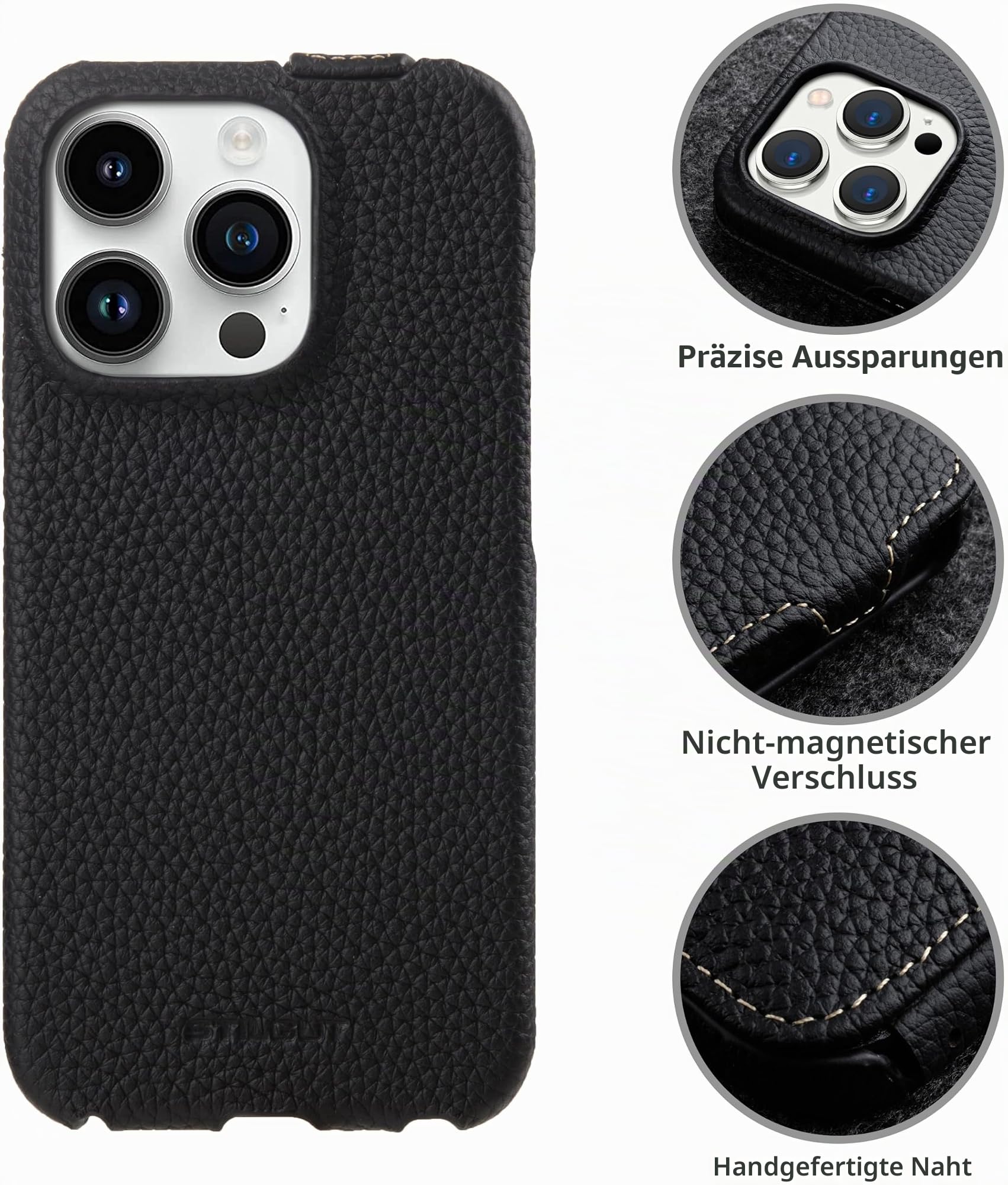 STILGUT UltraSlim passend für iPhone 16 Pro Max Hülle - iPhone 16 Pro Max Flip Case kompatibel mit MagSafe aus Leder, Klapphülle, Handyhülle, Lederhülle - Schwarz