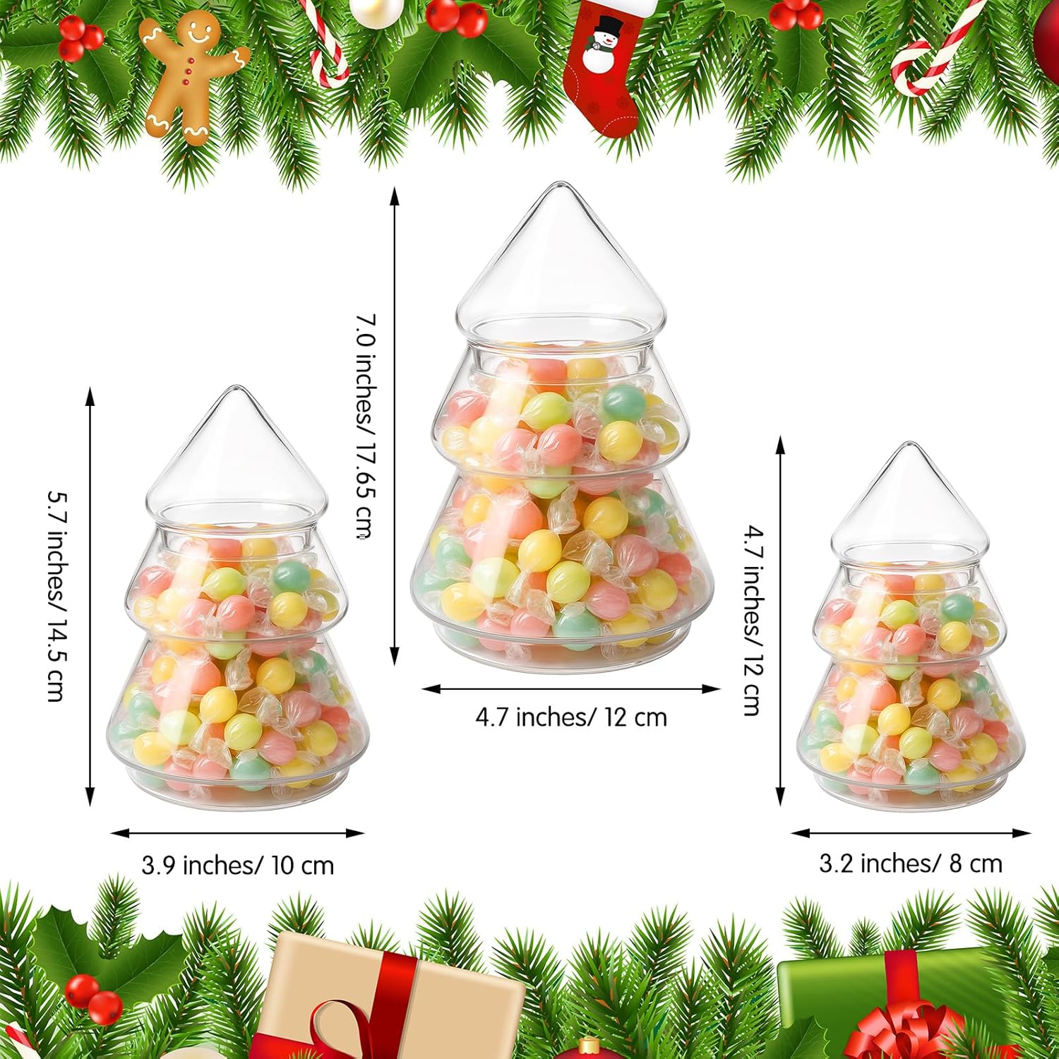 Baderke 3 Pcs Christmas Tree Candy Jars Glass Cookie Jars with Lids Lovely Christmas Tree Jar Bowl Food Storage Container for Xmas Festival Holiday Party Gift Table Decoration