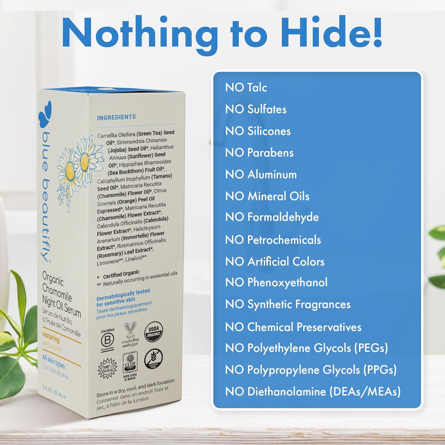 Blue Beautifly USDA Certified Organic Chamomile Night Face Oil Serum - Restores Healthy Skin Regeneration - Non-comedogenic, 100% Plant-based - Omega Rich Oils Boost Collagen Production - 2 fl oz