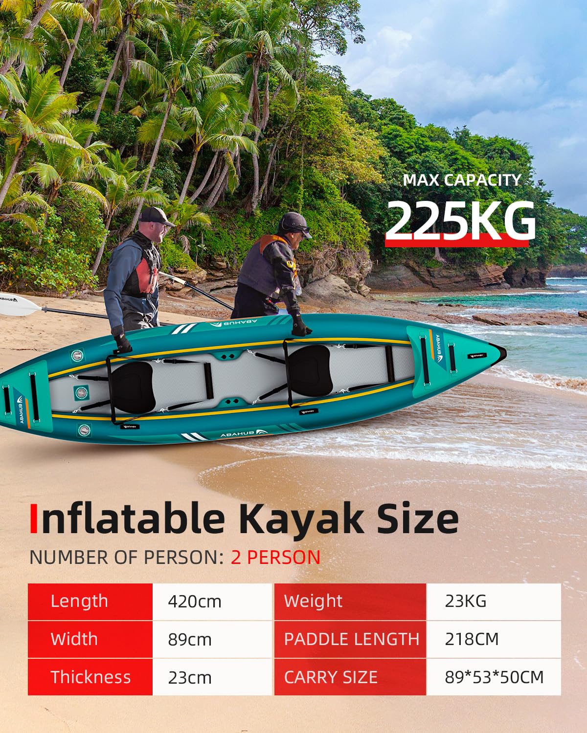 Abahub Kajak Aufblasbar 320cm/420cm Inflatable Kayak mit Kajak Paddel, Kajaksitz, Fußstütze, Handpumpe und Tasche für Kajakfahren Kanu Schlauchboot 1/2 Platz 320/420x89x23cm