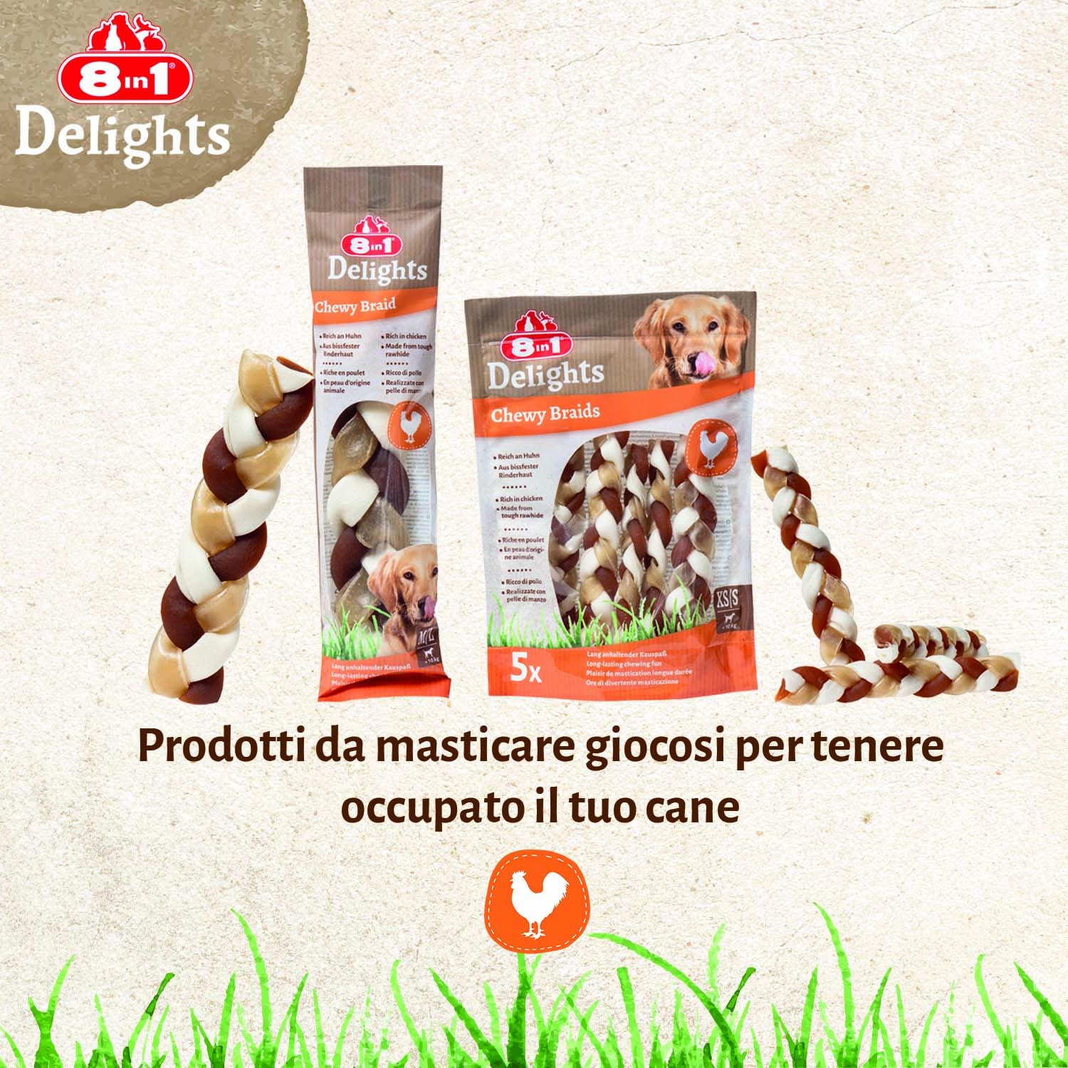 8in1 Delights Chewy Braids XS/S - gustosi bocconcini per cani di piccola taglia, pelle di manzo soda con delizioso pollo, sacchetto da 75 g (5 pezzi)