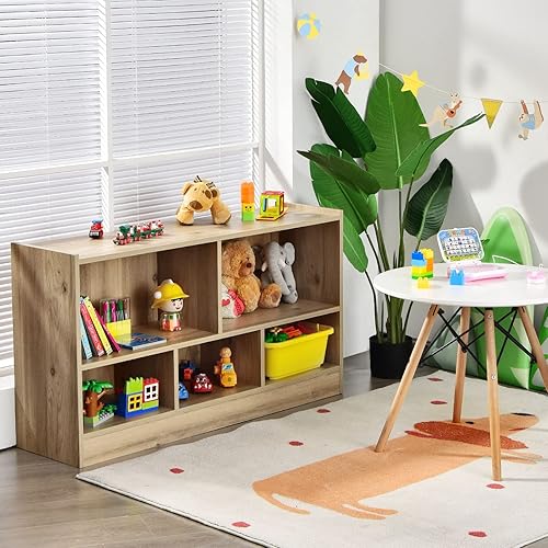 Miniatura 2 de HONEY JOY Organizador de almacenamiento de juguetes para niños, estante de almacenamiento de 5 secciones para preescolar, 2 niveles de madera