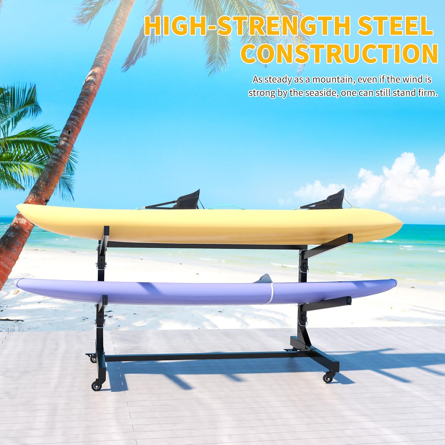 Freestanding Kayak Storage Rack, Heavy Duty Metal Kayak Stand with Lockable Wheels, Adjustable Kayak Holders for Canoes, SUP, Sled, Paddle Board & Surfboard, Garage, Indoor & Outdoor Use