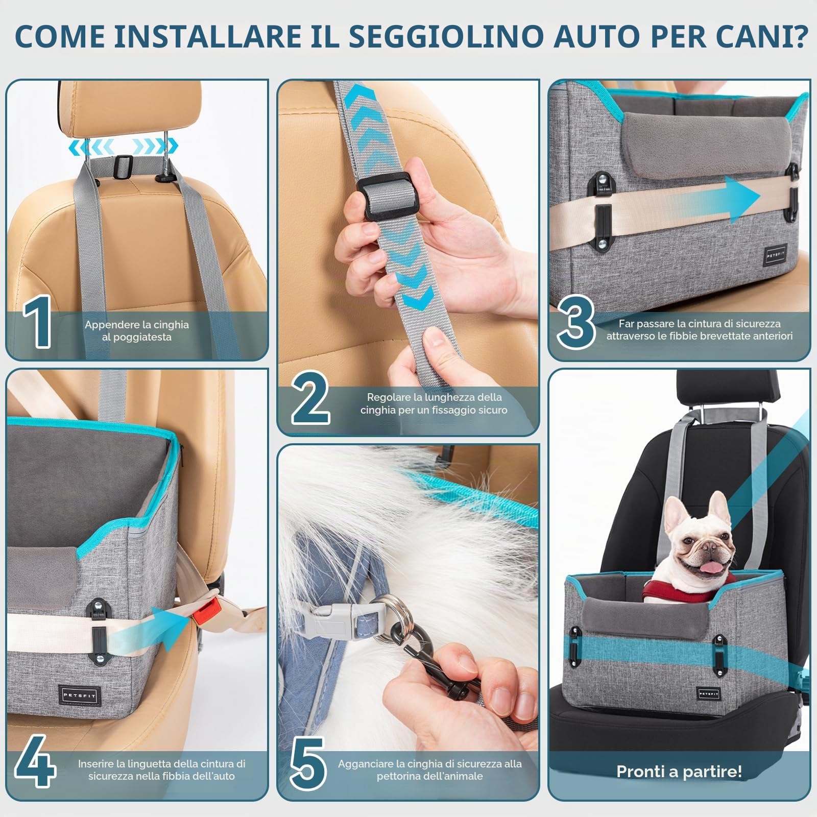 Petsfit Seggiolino Auto Trasportino per cani piccoli,Seggiolino cane auto anteriore con clip di sicurezza per la cintura e cuscino in peluche per cani piccoli fino a 6 kg