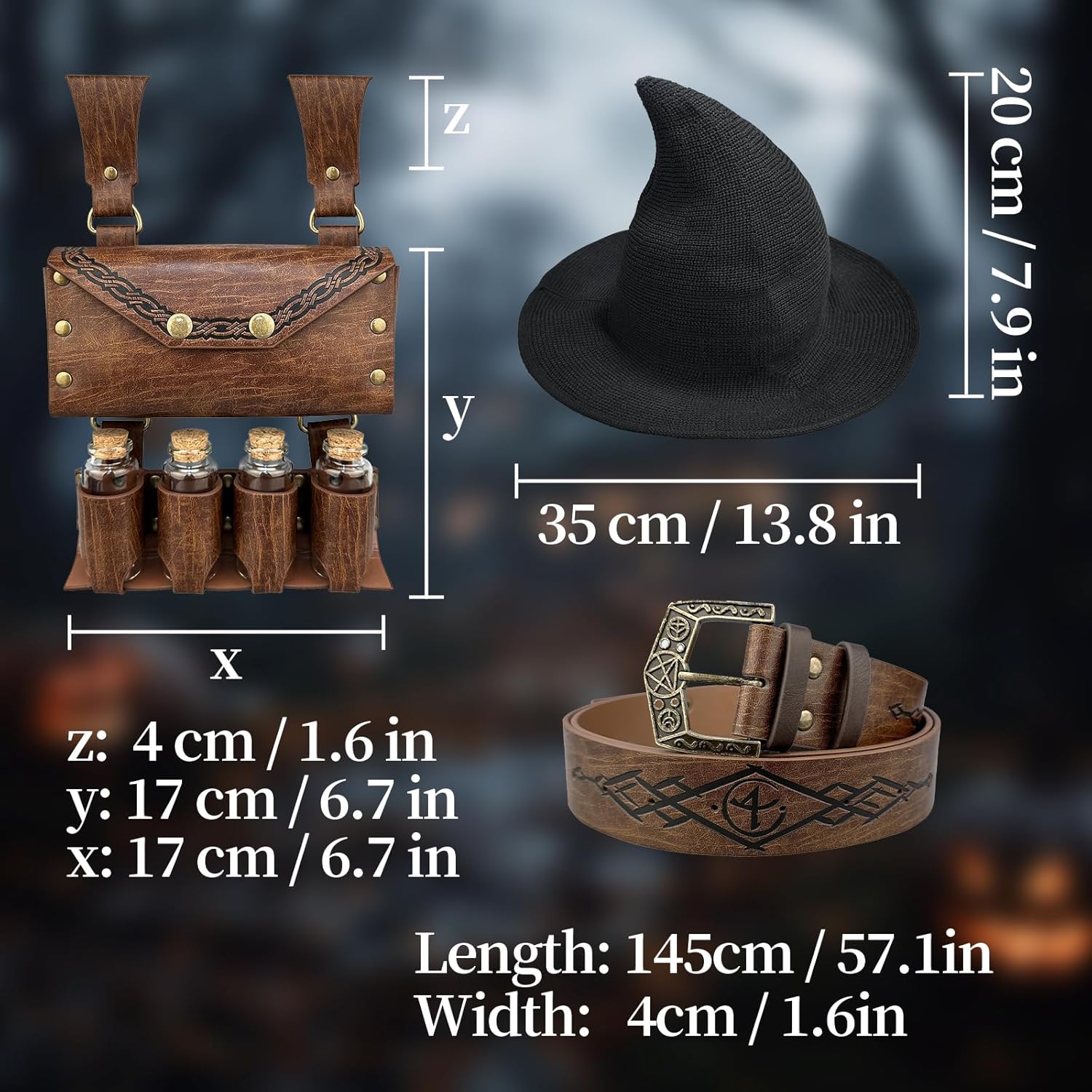 HiiFeuer Medieval Faux Leather Alchemy Set, Witch Pointed Hat for Women, Fantasy Wizard Belt with Potion Vials Waist Pouch