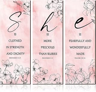 3 Pieces Pink Flower Inspirational Wooden Hanging Wall Decor Art Christian Quotes She Word Sign Decor Bedroom Decor Gift for Girl Teen Women Living Room Nursery (11.81 x 3.94 x 0.2 Inch)