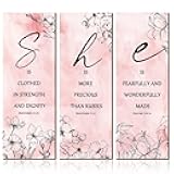 Qunclay 3 Pcs Inspirational Pink and Purple Floral Wall Decor Floral Wooden Hanging Wall Art Inspirational Quotes SHE Word Sign for Women Girl Living Room Gift(11.81 x 3.94 x 0.2 Inch,Pink)