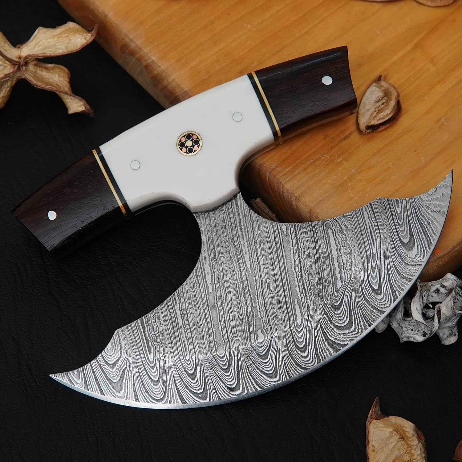 Custom Handmade Damascus Steel Ulu Knife, Alaskan Ulu with Leather Sheath, Multi-Purpose Alaska Knife for Pizza Cutting, Chopping, Rocking, Mincing & Slicing, Rosewood & Resin Handle