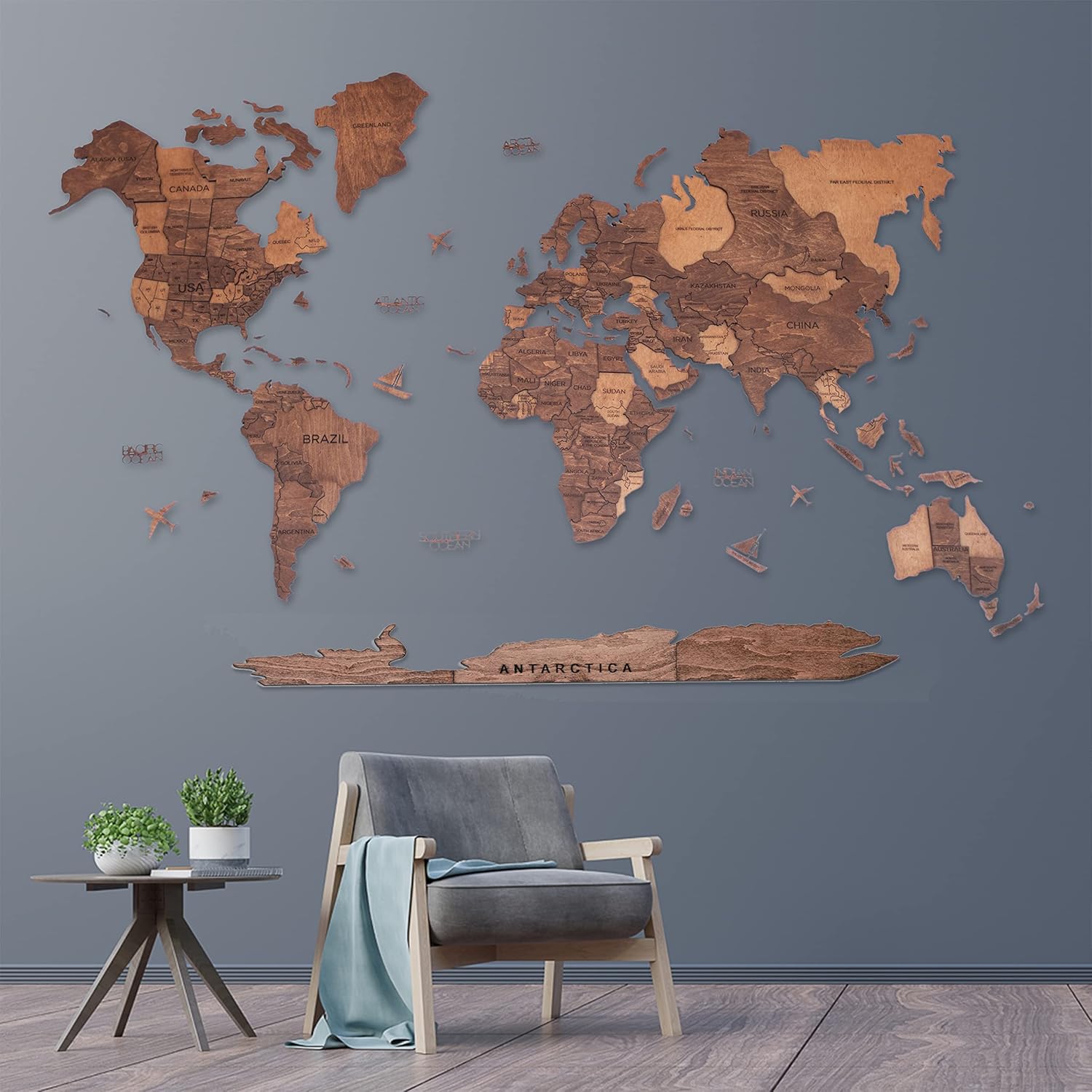 Handmade 3D Wood World Map Wall Art Large Wall Decor Track Your World Travels - Special for Home, Kitchen and Office (Large, Oak)