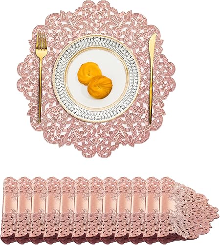 Miniatura 20 de BACKTOEDEN Juego de 6 manteles individuales redondos de color dorado claro, lavables, limpiables, resistentes al calor, manteles individuales de