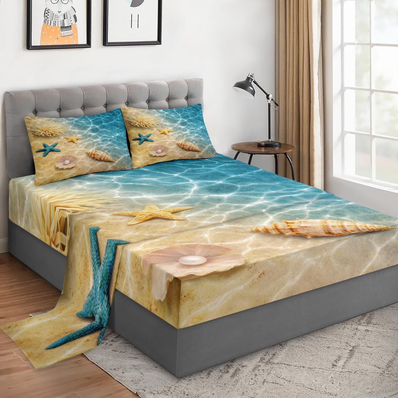 WeCozy Queen Size 4 Pcs Bed Fitted Sheet Set with 14" Deep Pocket, Summer Seashell Beach Flat Sheet Set for Kids and Adults, Blue Sea Shell Animal Bedding with 2 Pillowcases for Bedroom Decor