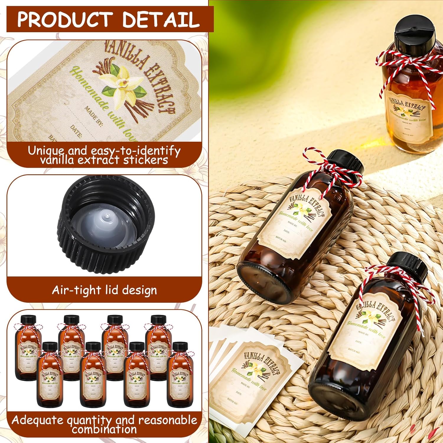 Uiifan 8 Pcs Vanilla Extract Bottles Boston Round with Caps Glass Bottle and 8 Pcs Vanilla Extract Labels Stickers for Syrup Gift Glass Food Storage Canister Set Sauce Beans(4 oz)