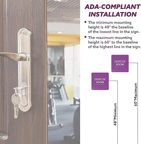 Miniatura 4 de ADA CENTRAL SIGNS - Letrero acrílico para sala de ejercicios de 6 x 6 pulgadas - Gráficos táctiles de grado 2 con texto en braille - Letrero de