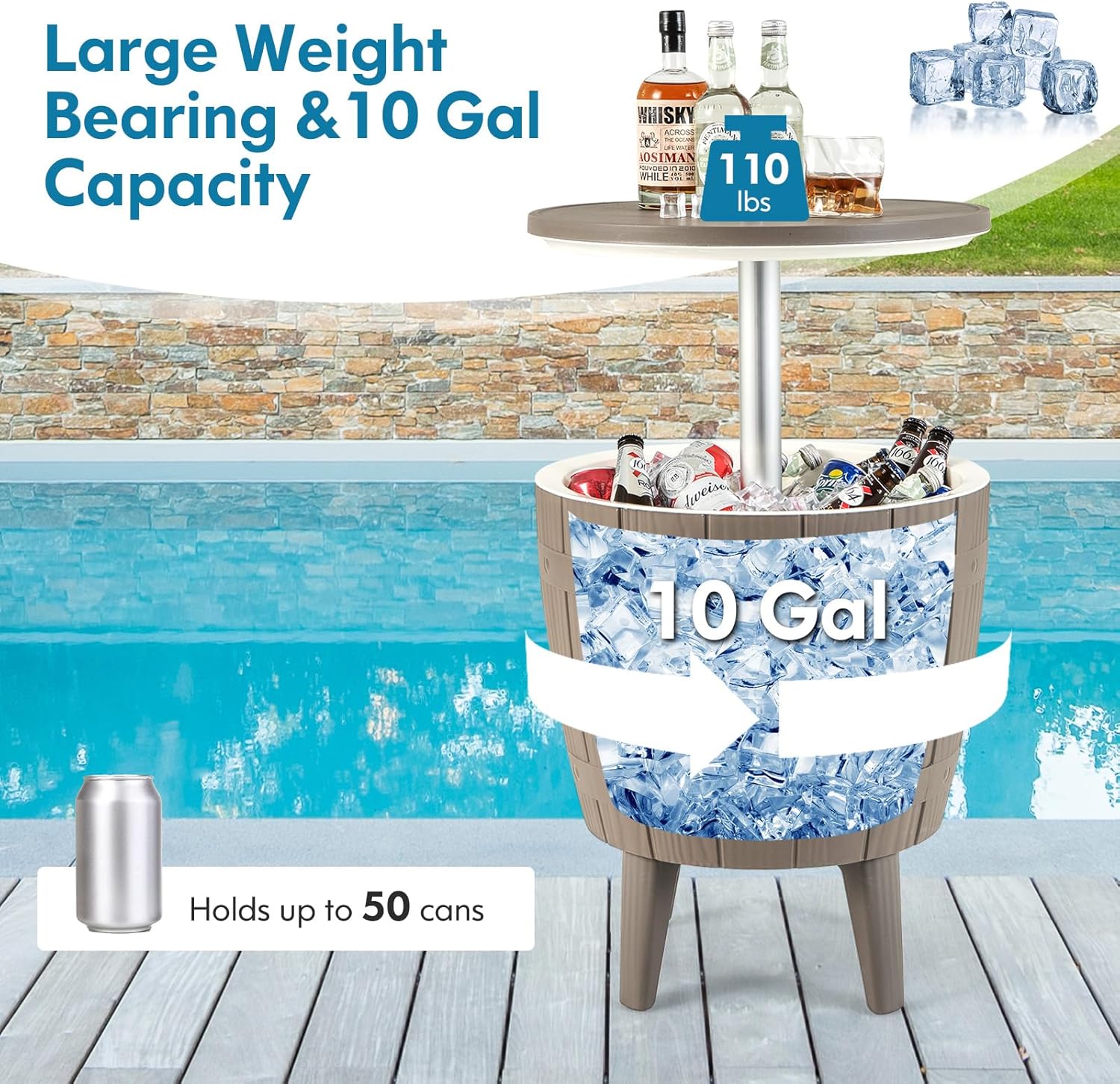 Tangkula 10 Gallon Cooler Bar Table, Outdoor Cooler Side Table w/Telescopic Tabletop, 3-in-1 Coffee Table Ice Bucket for Beer & Wine, All-Weather Cocktail Table for Backyard, Party, Poolside