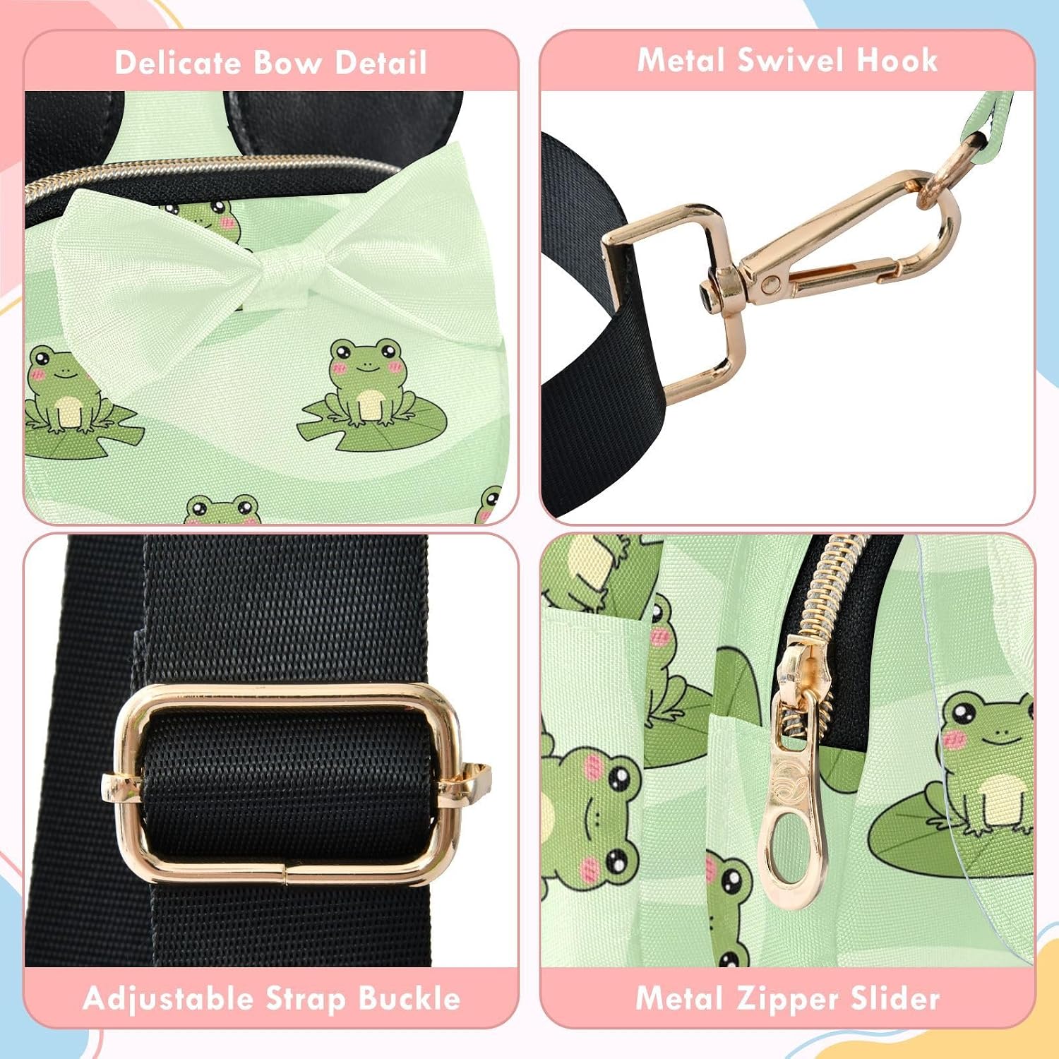 Sinestour Frogs Kids Sling Bag for Girls, 3.1"x5.7"x7.5" | Crossbody Fanny Pack, Toddler Purse, Cute Sling Belt Bag with Ears, 2L Small Shoulder Chest Bag for Travel