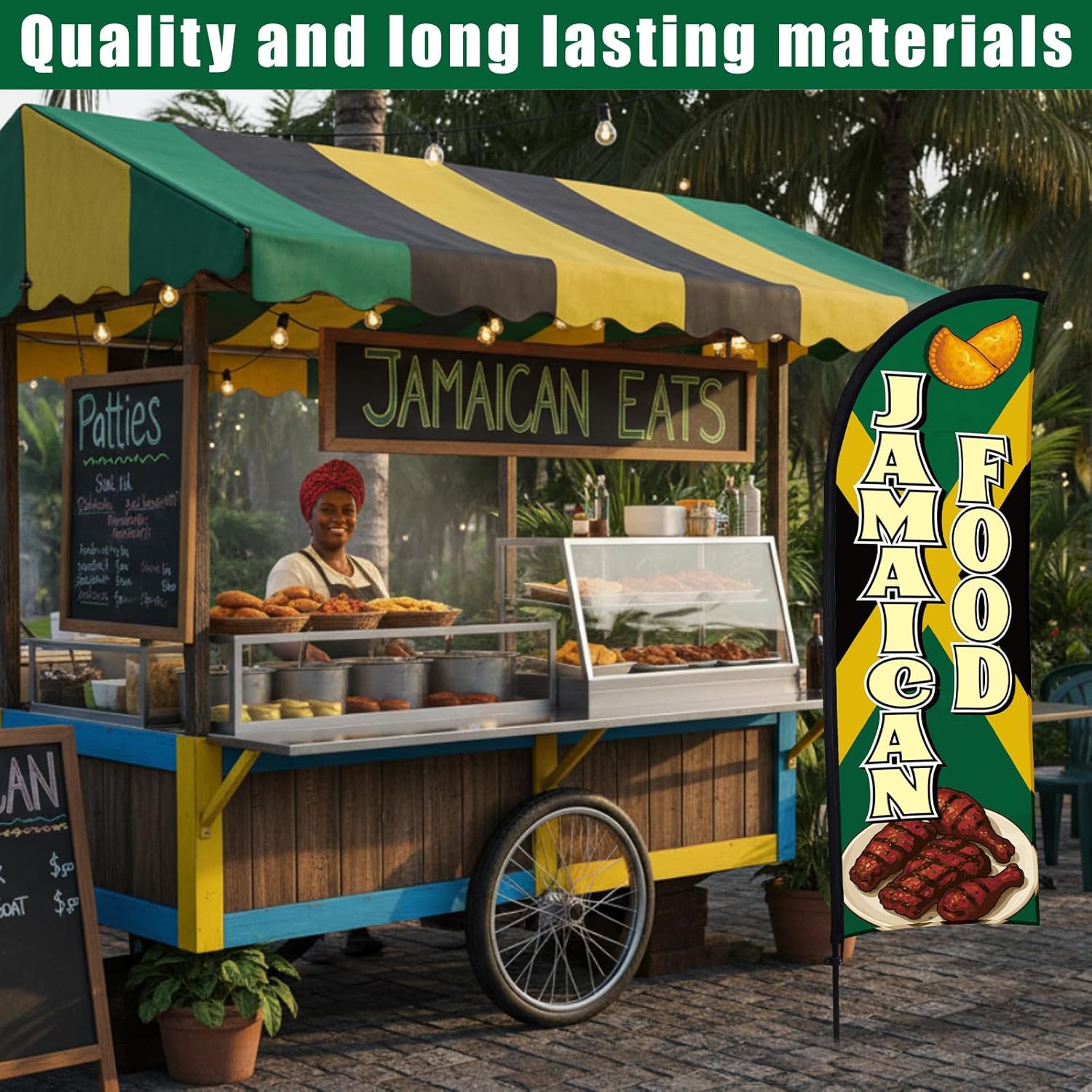 Buryeah 2 Sets Jamaican Food Feather Flag Kit, 7 ft Jamaican Food Swooper Flag Banner Signs with Pole Ground Stake and Portable Bag for Snack Bar Store Business Advertising Outside